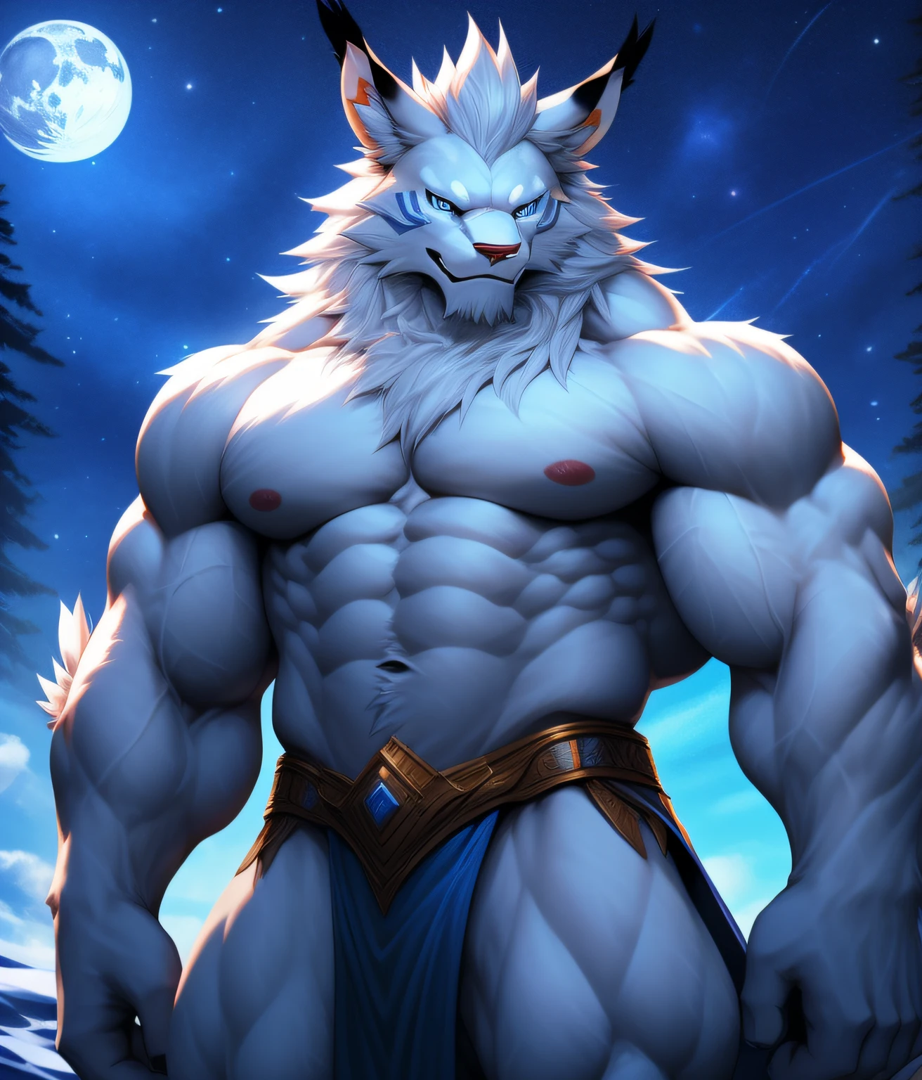nj5furry, ( albino, Leomon, massive, huge), albino Leomon, ((extremely realistic shadows, masterpiece, extremely detailed, photorealistic)), kemono, looking at the viewer, ((FRONT)), silver mane, Leomon albino, ((detailed face)) red nose, blue eyes, ((detailed eyes)), white skin, white fur, white hair, height 3 meters high, the optimal height, tight clothing, body full of muscles; muscle and bulge pecs, ripped abs, V-shaped body, thick waist, long legs, strong arms manly, handsome face, attractive cool calm face type with a kindsmile, topless. Snow forest, night, moon, moon rays, nebula; he wears a blue and white cloth loincloth revealing huge muscular thighs. ((illuminated)) He has an aura of wisdom and tranquility around him, although he has a kind smile, his eyes have some sadness.