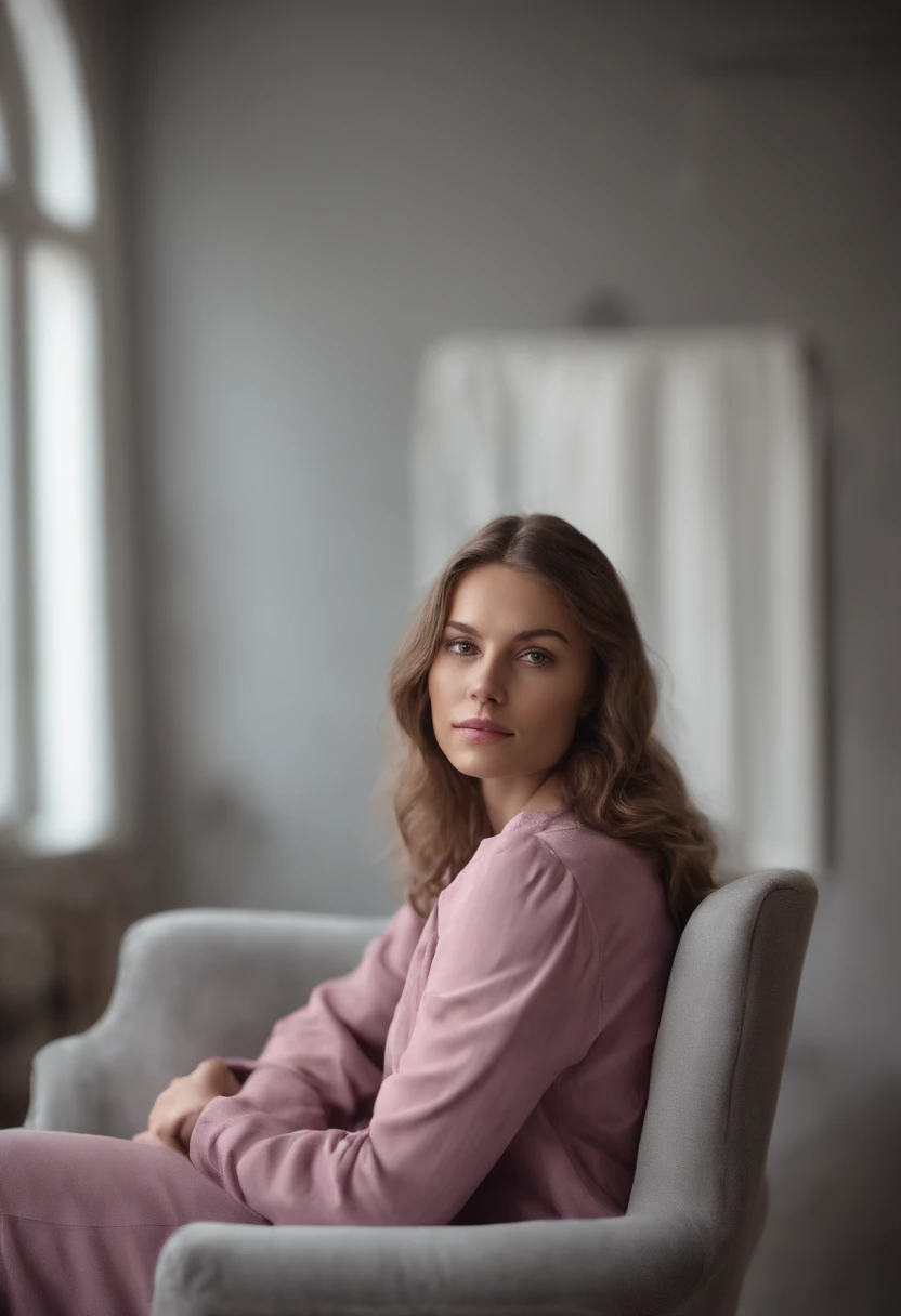 young woman siting on armchair in the style of light magenta and light gray, calm and meditative, barbizon school, exaggerated facial features, light brown and white, happycore, (upper body)