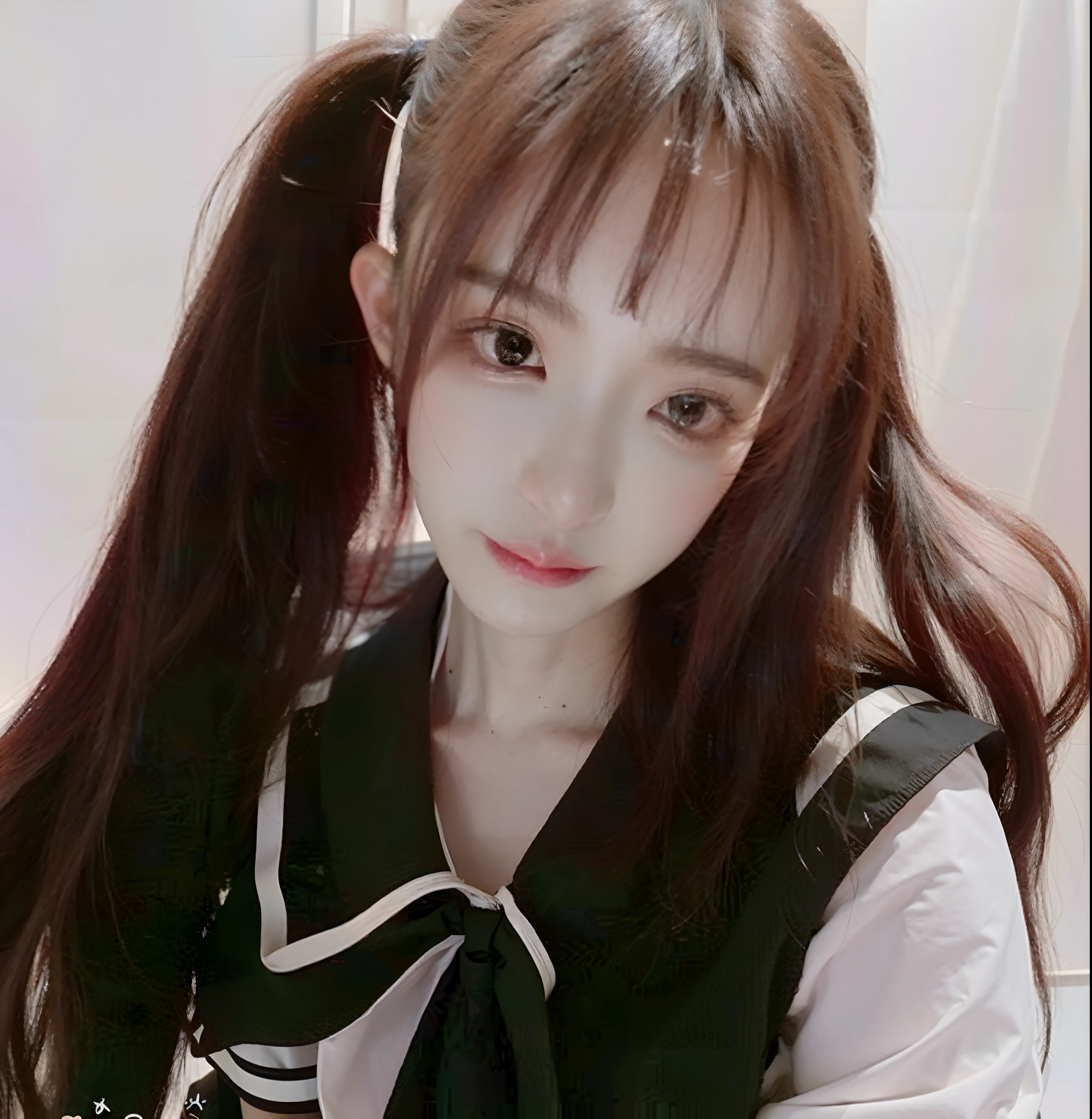 There was a woman with long hair wearing a uniform and tie, Anime girl cosplay, with black pigtails, Anime girl in real life, sakimichan, Twin tail hairstyle, Beautiful Anime High School Girls, seifuku, shikamimi, Anime cosplay, double tails, Anime Thai girl, She has black hair，By bangs, black hime cut hair