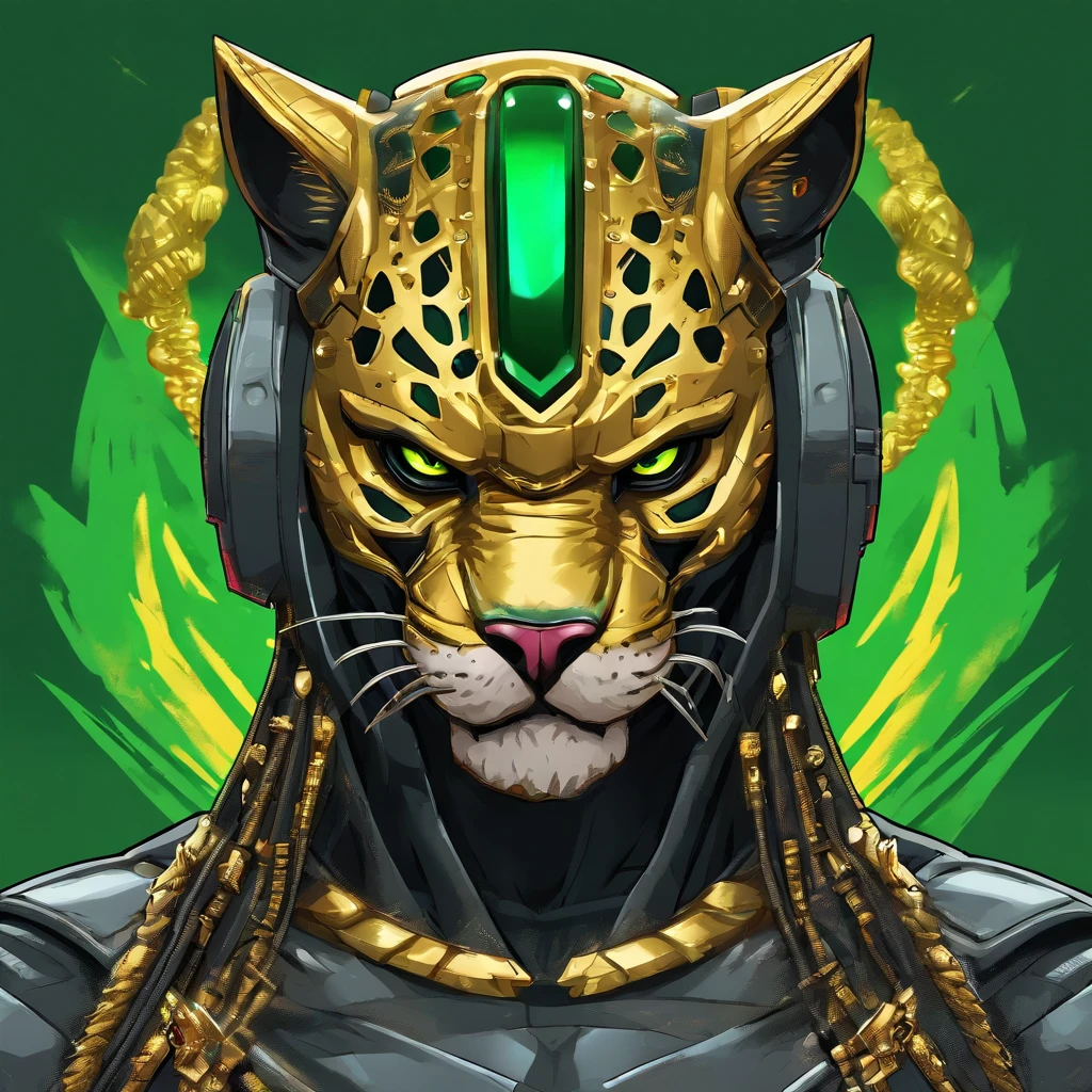 Predator, dark grey with panther-like ears, green jungle armor with gold bands and emerald stones, masterpiece, best quality