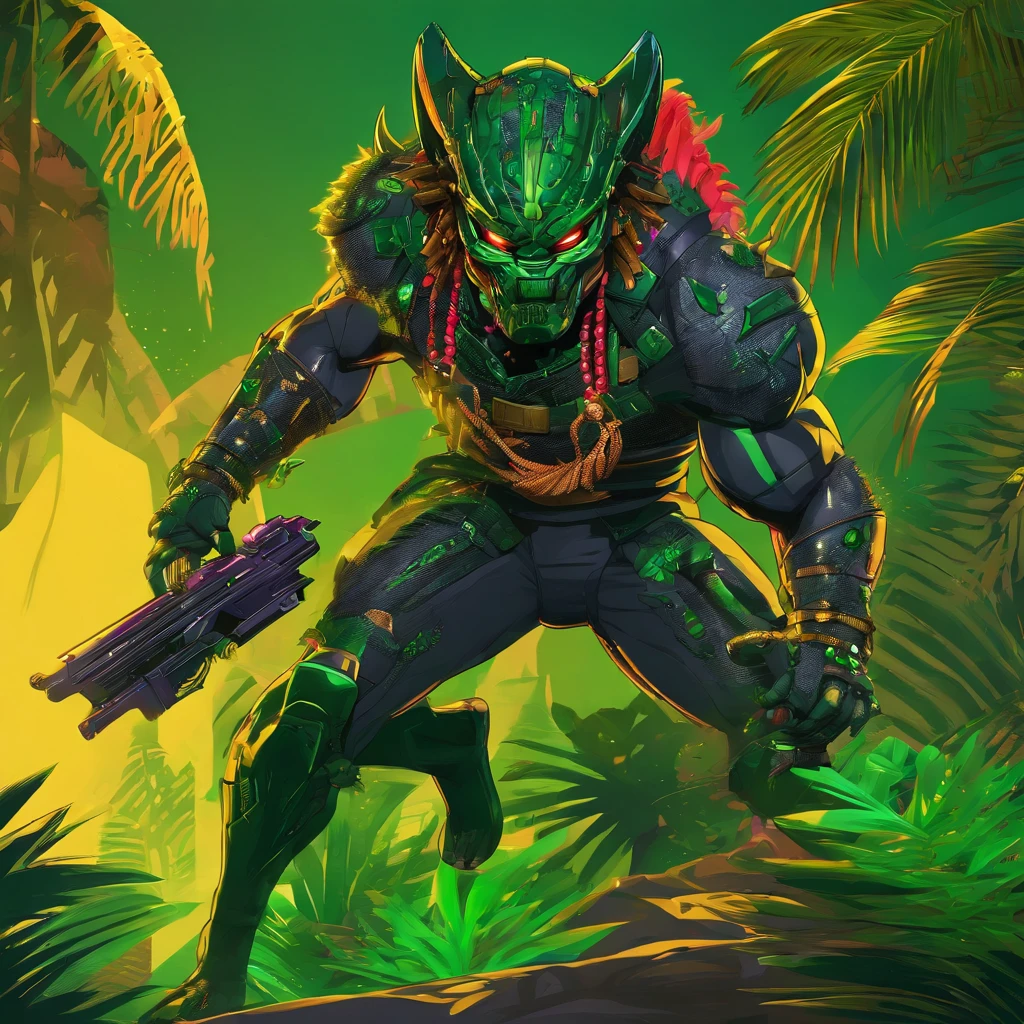 Predator, dark grey with panther-like ears, green jungle armor with gold bands and emerald stones, masterpiece, best quality