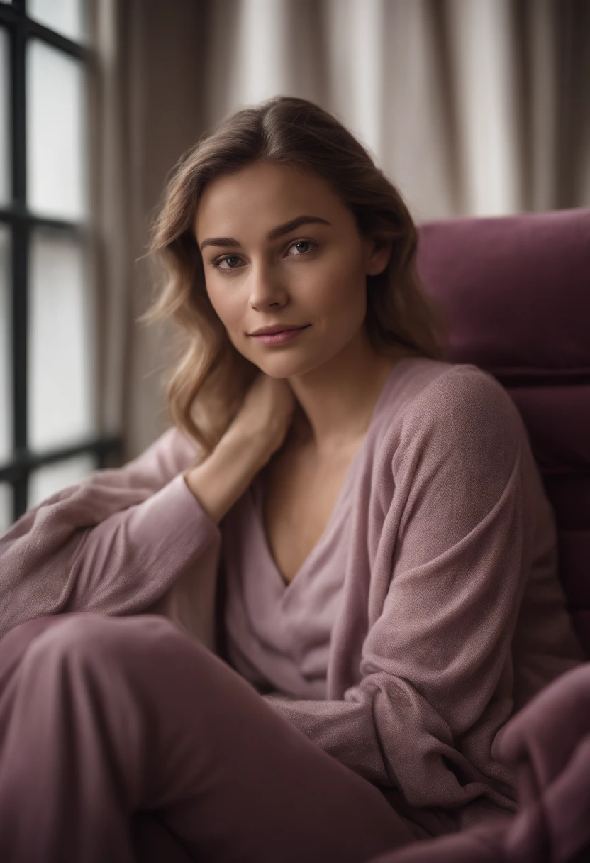 young woman siting on armchair in the style of light magenta and light gray, calm and meditative, barbizon school, exaggerated facial features, light brown and white, happycore, (upper body)