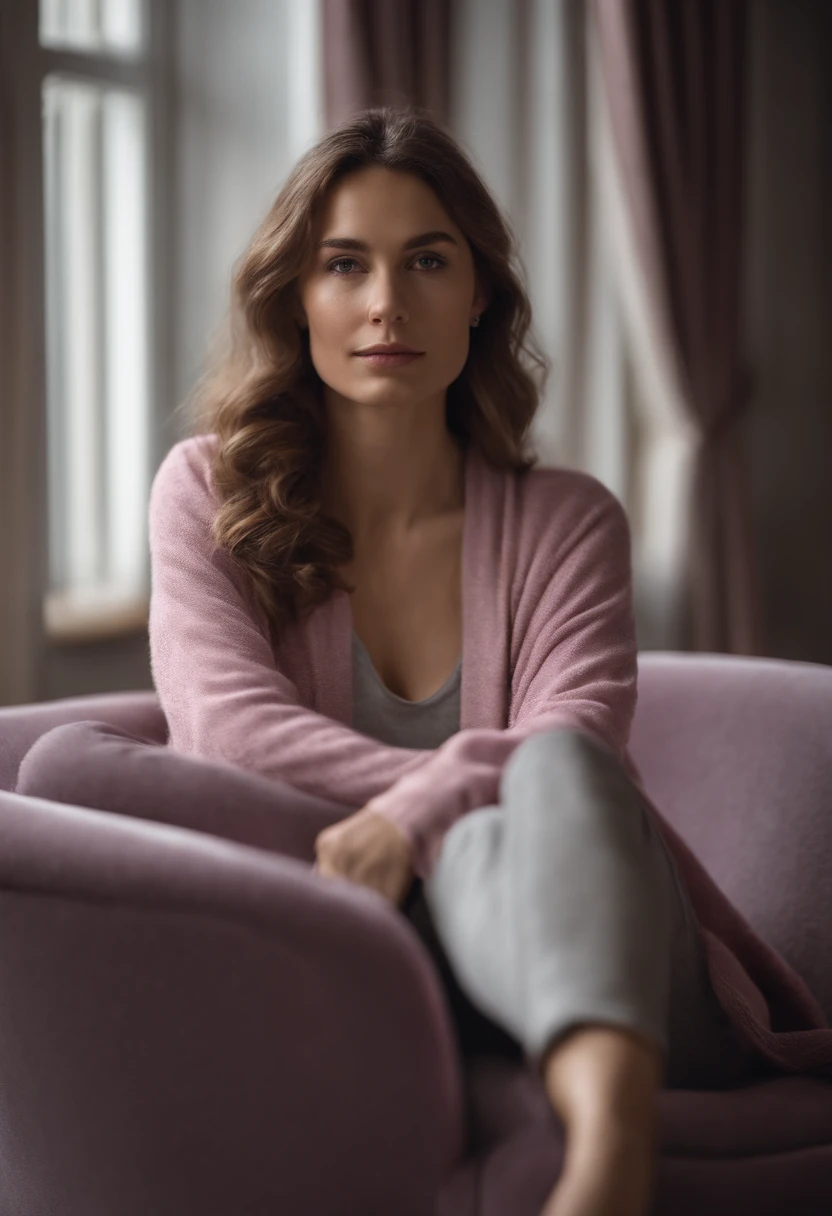 young woman siting on armchair in the style of light magenta and light gray, calm and meditative, barbizon school, exaggerated facial features, light brown and white, happycore, (upper body)
