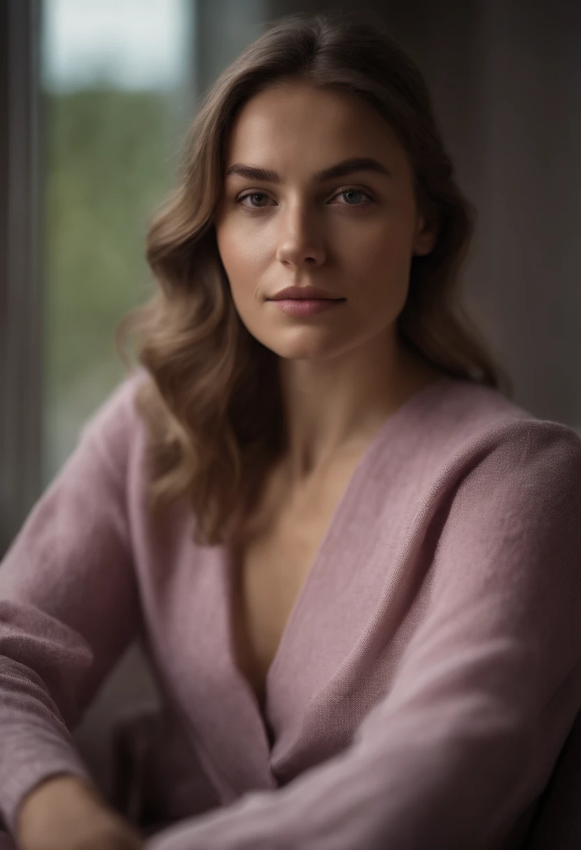 young woman siting on armchair in the style of light magenta and light gray, calm and meditative, barbizon school, exaggerated facial features, light brown and white, happycore, (upper body)