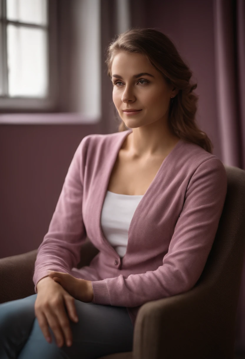 young woman siting on armchair in the style of light magenta and light gray, calm and meditative, barbizon school, exaggerated facial features, light brown and white, happycore, (upper body)