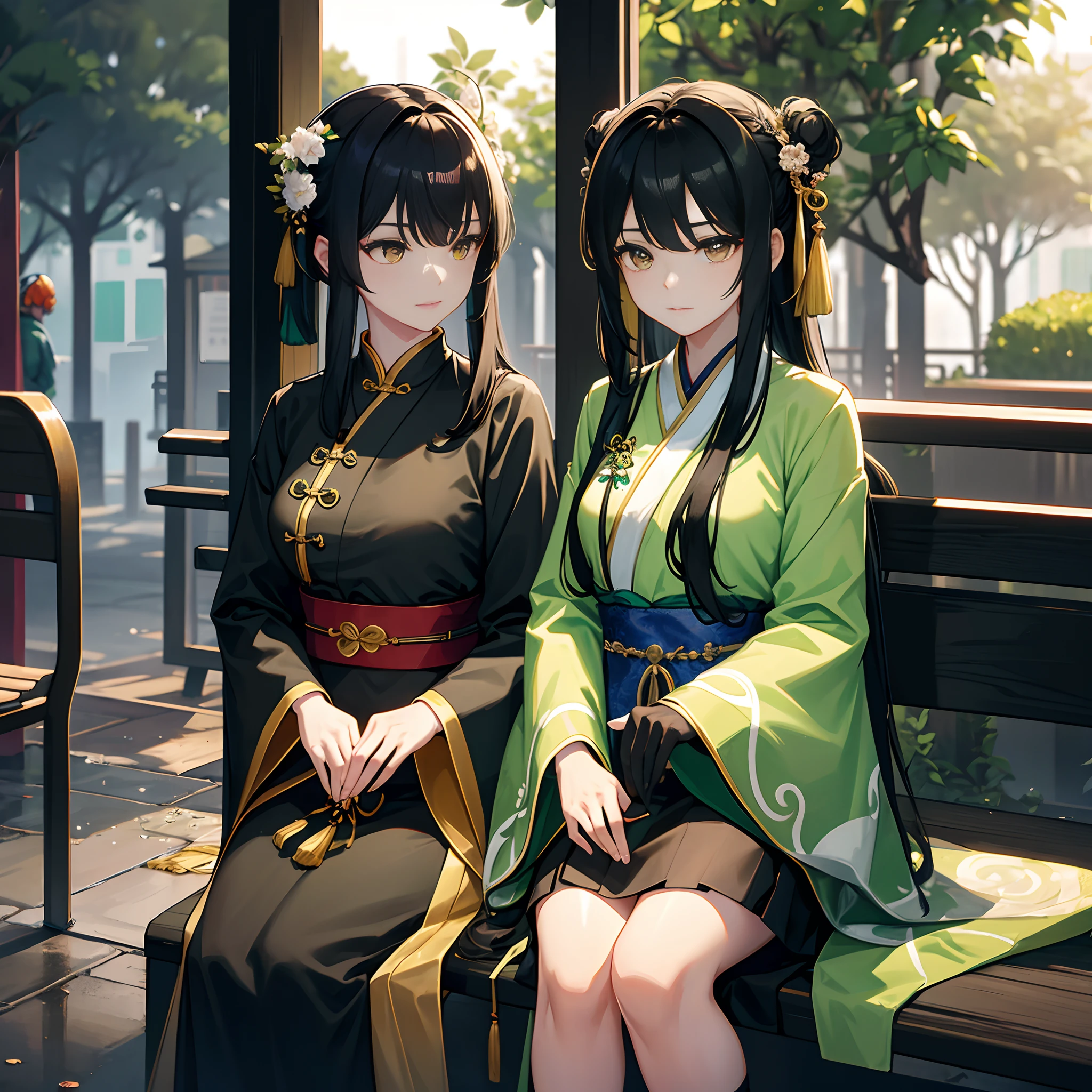 Gorgeous Hanfu，Green Hanfu，Hanfu，Female Taoist，Chinese medicine，Black hair，Golden pupils，Black leather boots，Sit in a waiting chair at the bus stop，Wait for the bus，Heavy rainy days，serious expressions