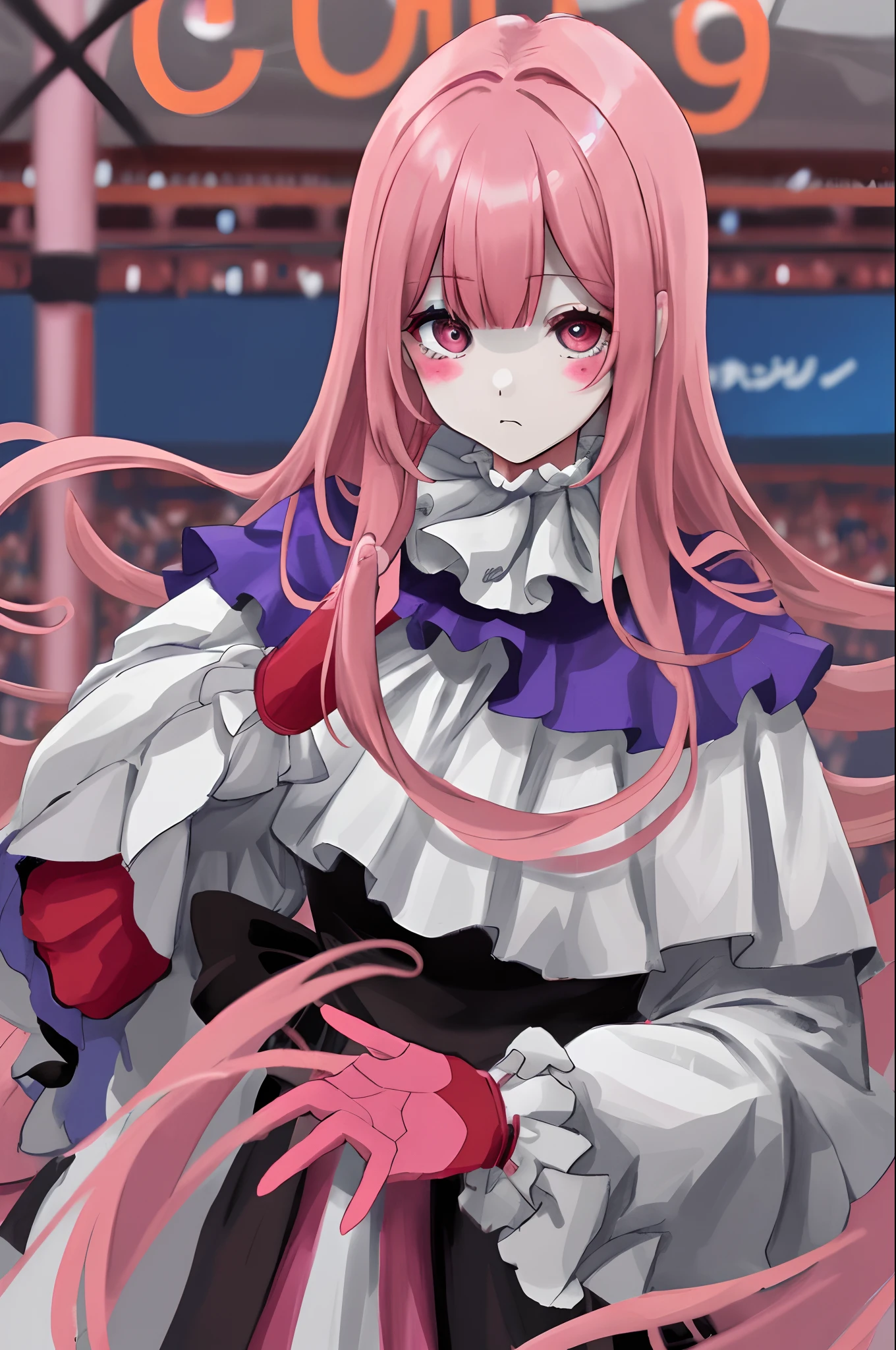Official Anime Characters、(Dutch woman:1.1)、​masterpiece、High resolution、8K、
She was wearing a clown costume and、、I have very long pink hair、
Detailed skin、A detailed eye、Detailed clown makeup、
Inside the dusty circus arena、
Volumetric fog、volumetric dust、
Photos made with natural style photos on Canon EOS、
Popular at Art Station、Popular for Divian art、popular on flicker