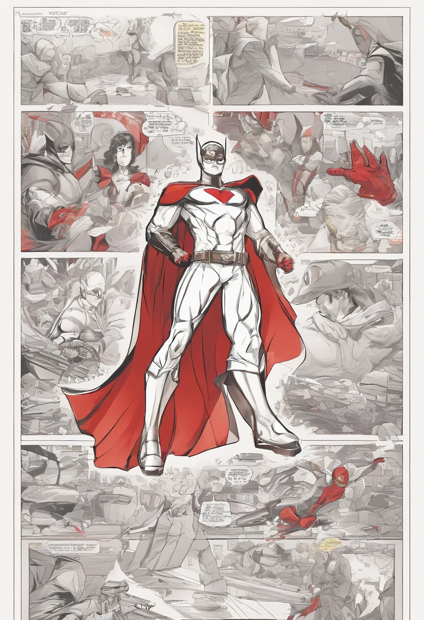 Male superhero, in white uniform, red details, red cape, red boots and gloves, white mask, fair skin, no red details between the eyes, with blond hair showing, symbol of a letter V on the gold-colored forehead. put a white mask on your face, without red details between the eyes, fair skin, with a symbol on the forehead in the shape of the letter V. --auto
