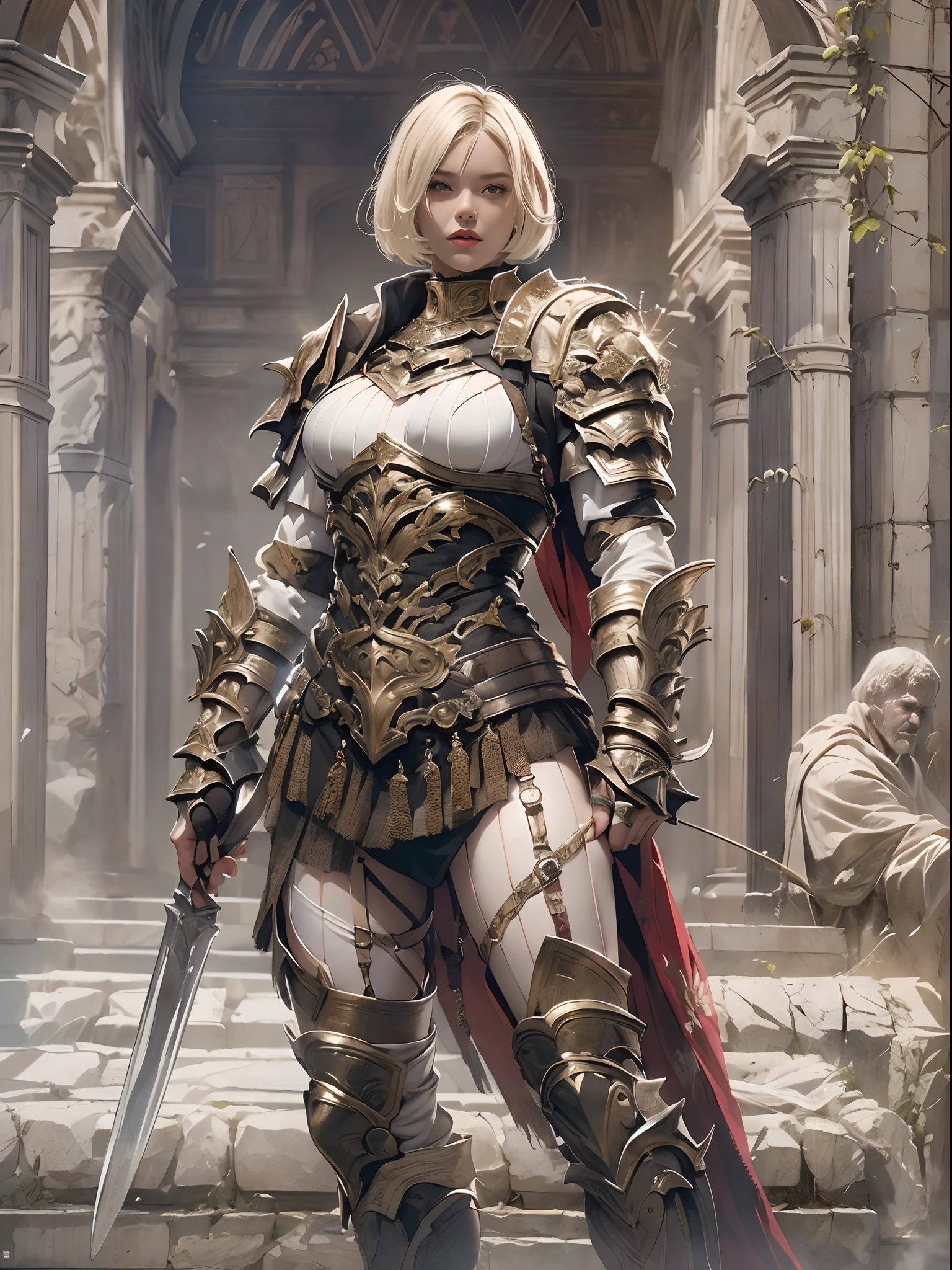 (((of the highest quality: 1.4))),(unparalleled masterpiece ever), (Ultra high definition),(Ultra realistic 8K CG), (((adult body))), (((1girl in))), ((( Bob Shorthair ))), Gladiators with perfect bodies,,Beautiful and well-groomed face,muscular body:1.4,Detailed breastplate, gauntlets、is standing, (Image from head to thigh),(( White Blonde Bob Shorthair )),, Simon Bisley's urban savage style,Detailed ancient Roman background,Clean abs, Complex equipment, Dark brown with white stars and gray and white stripes,,,s Armor, Poison tattoo