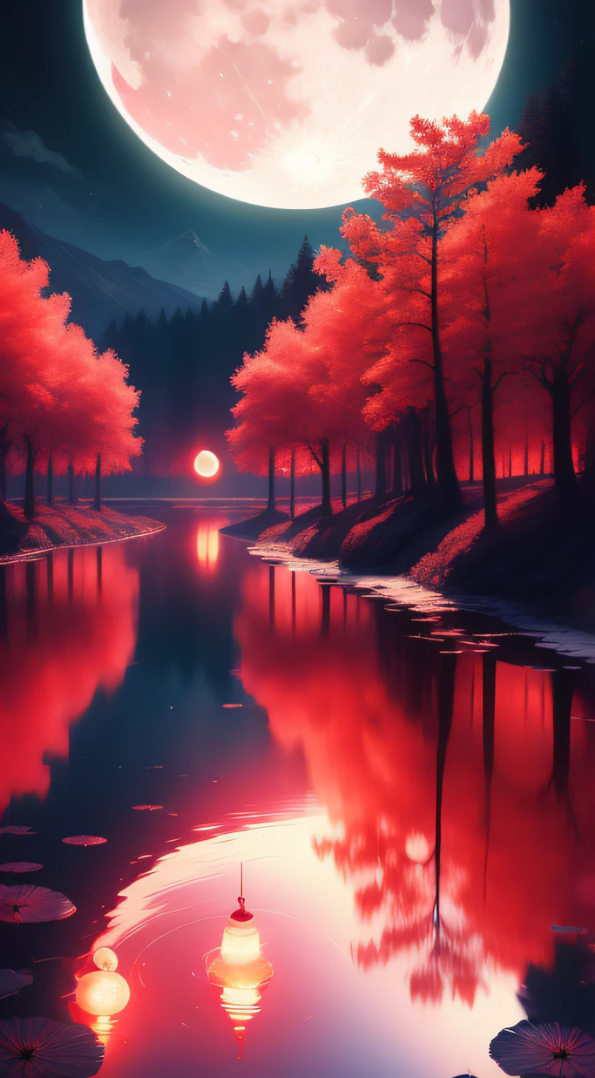 (((the night)))，(((the huge moon)))，Moonlight is reflected on the surface of the water，Red lantern，Huge pond，Faraway view，Wide world，inverted image，Water streaks