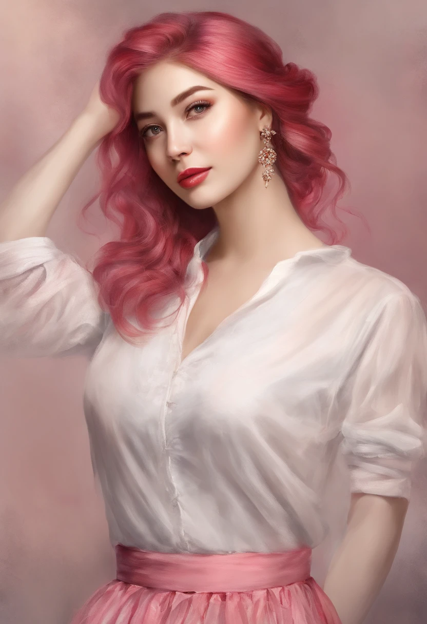 Best quality, Masterpiece, A high resolution, 1girll,china dress,hair adornments,necklace, jewelry,Beautiful face,Tyndall effect,Photorealistic, Dark Studio, rim lit, twotonelighting,(highdetailskin:1.2), 8K  UHD, Digital SLR, Soft lighting, High quality, voluminetric lighting, candid, photographed, high resolution, 4K, 8K, Bokeh, Pink hair, Solo，White shirt, Red skirt, Socks, double tails