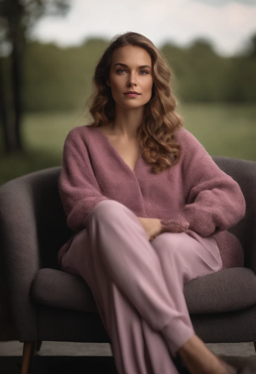 young woman siting on armchair in the style of light magenta and light gray, calm and meditative, barbizon school, exaggerated facial features, light brown and white, happycore, (extreme close-up)