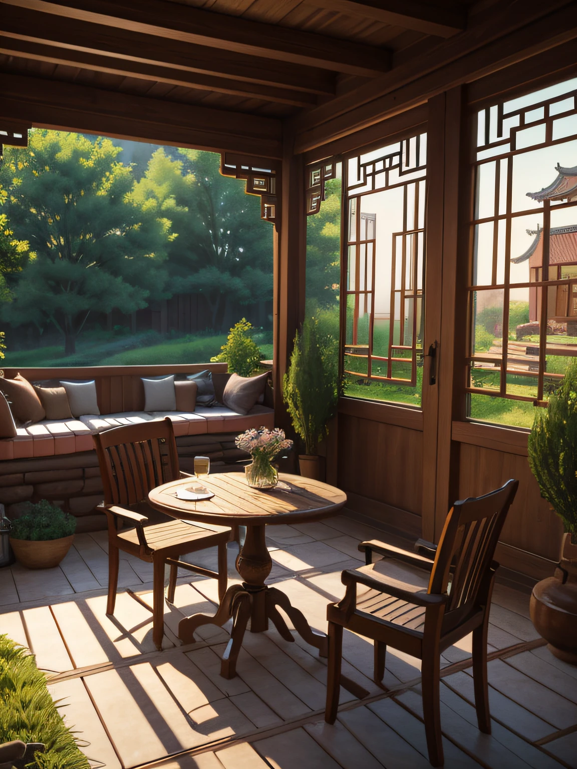 In the 80s of the 19th century, Rural China,Adobe brick house,Single-storey low-rise house,There is a painting of a house with a patio and a table, Detailed scenery —width 672, immensely detailed scene, Multidimensional cozy little yard, highly detailed scenario, high detal), hyper detailed scene, high detal, realistic 3 d style,cozy place, peaceful scene,Works of masters,Anime background art,ghibli studio art