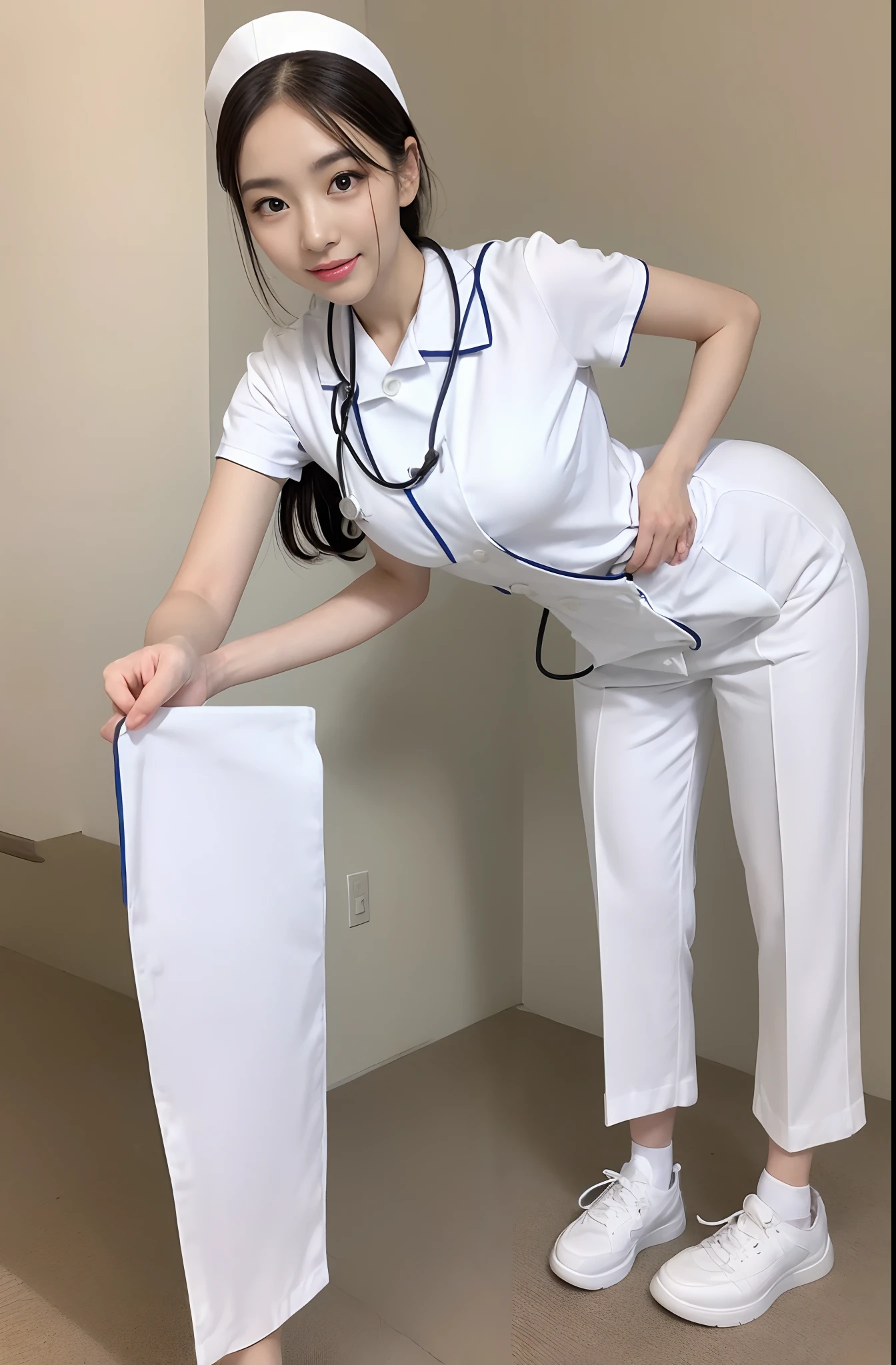 There was a woman in a white uniform, Nurse, full-body xianxia, nurse girl, healthcare worker, Fitted nurse uniform,White nurse hat,Split nurse overalls,Skinny white trousers,Nice nurse shoes,Beautiful face,The skin of the face is fair and shiny,beautidful eyes,Delicate hair,medium boob,petite and slender figure,Gravure pose,Stand dignified and generous,fully body photo