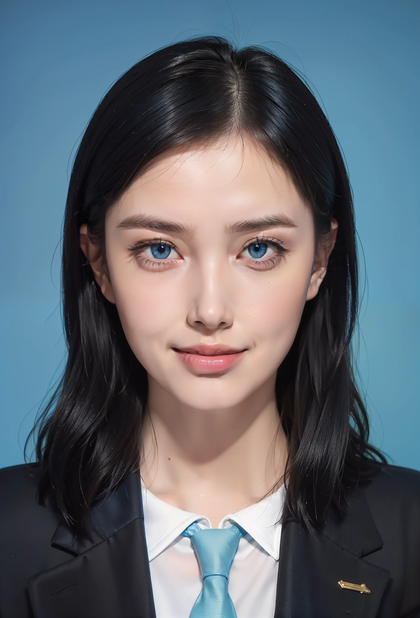 Best quality,masterpiece,ultra high res,(photorealistic:1.4),8K RAW photos, high resolution,, 1girl, solo,blue_IDphoto,
profile,girl centered in the photo,looking at viewer, wearing professional clothes, (((black suit))),((blue tie)),neat hair,smiling, Perfect face,pink lips, beautiful eyes in detail,bright lighting, front lighting, face shooting,((blue solid color background))),((blue background))),short hair