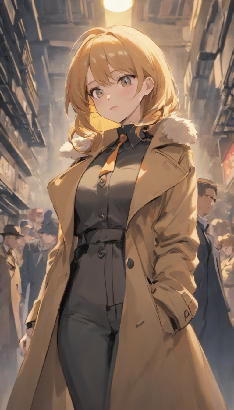 Close-up of people in trench coats and jeans, Large breasts,cleavage,official character art, official character illustration, adam hughes, character art closeup, Women researchers, full body portrait of jean grey, detailed character art, detailed character portrait, Comic book cover art by Phil Noto, Anya, Spy x family, full-colour illustration, heroines, Dinah Drake, detective clothes