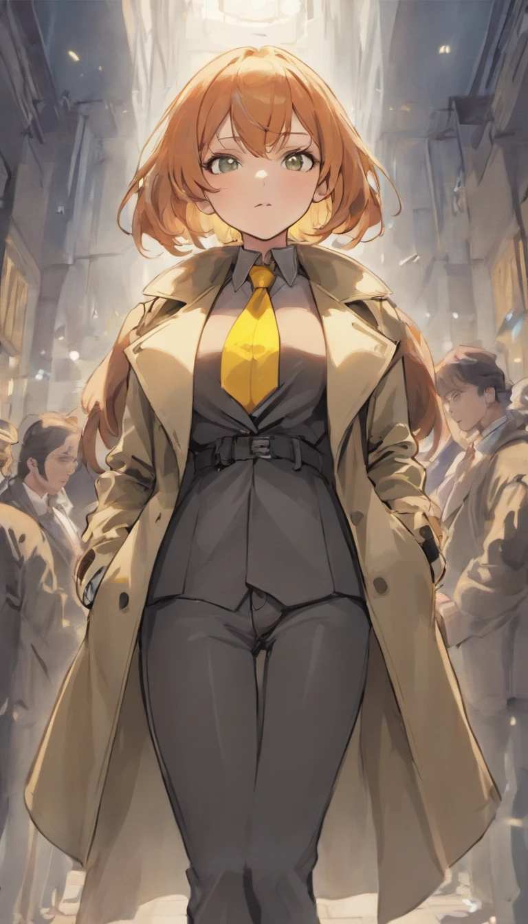 Close-up of people in trench coats and jeans, Large breasts,cleavage,official character art, official character illustration, adam hughes, character art closeup, Women researchers, full body portrait of jean grey, detailed character art, detailed character portrait, Comic book cover art by Phil Noto, Anya, Spy x family, full-colour illustration, heroines, Dinah Drake, detective clothes