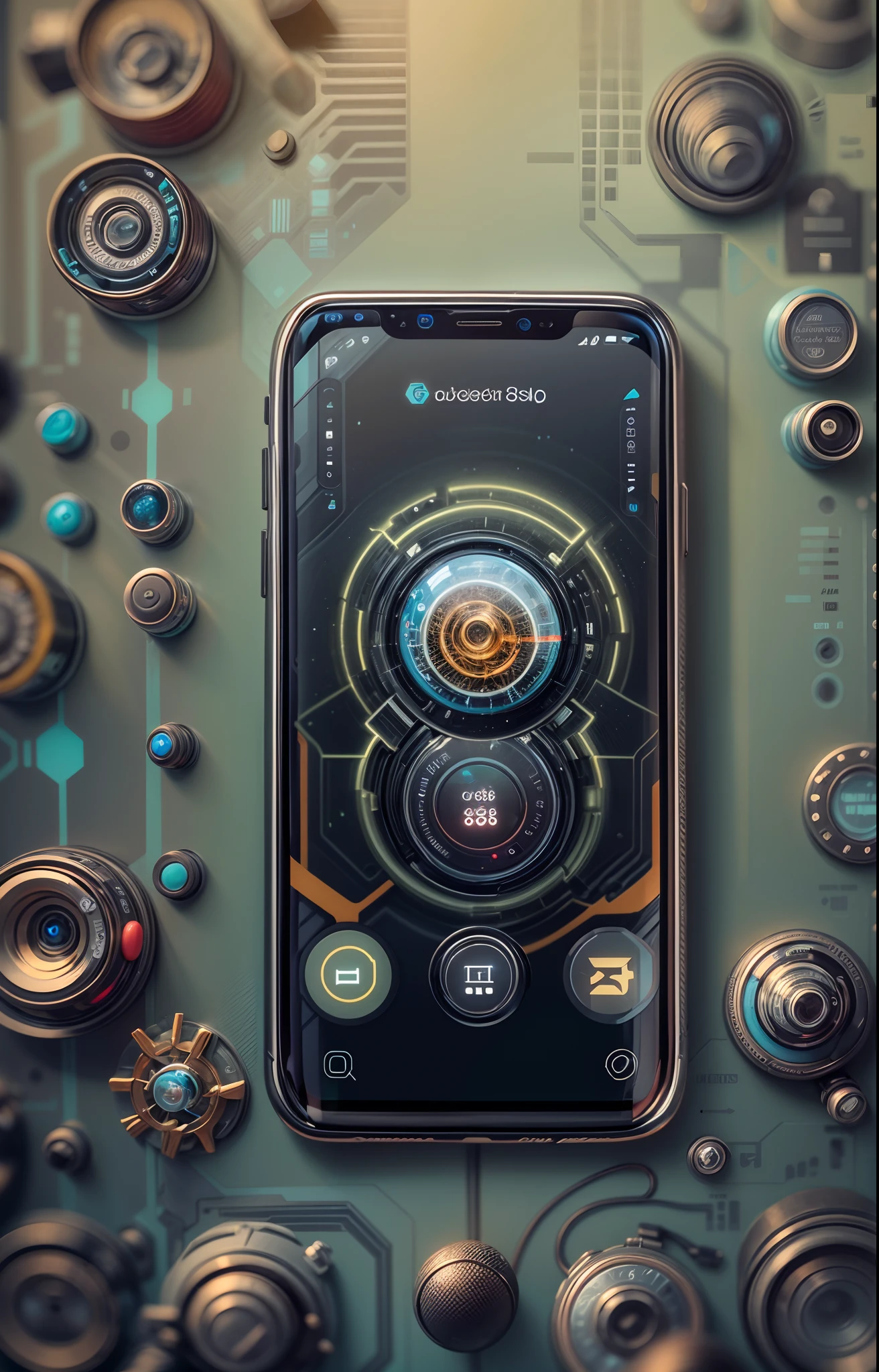 (masterpiece, product photography, focus shot), centered, biopunk concept smartphone, (showing screen lined with apps), biopunk tech, bio design product, HD, Photography, biopunk lab background, product design,