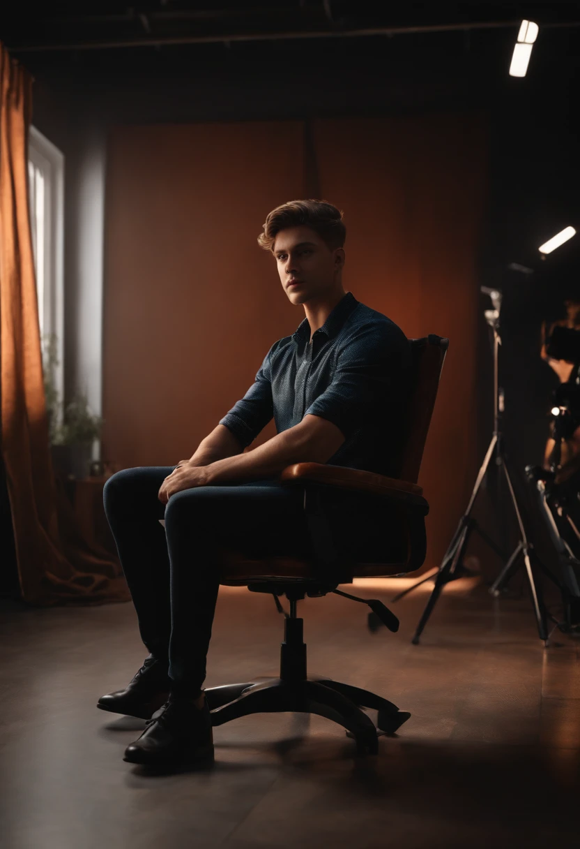 young man on sitting chair 8k ultra realistic and back ground change with youtube studio