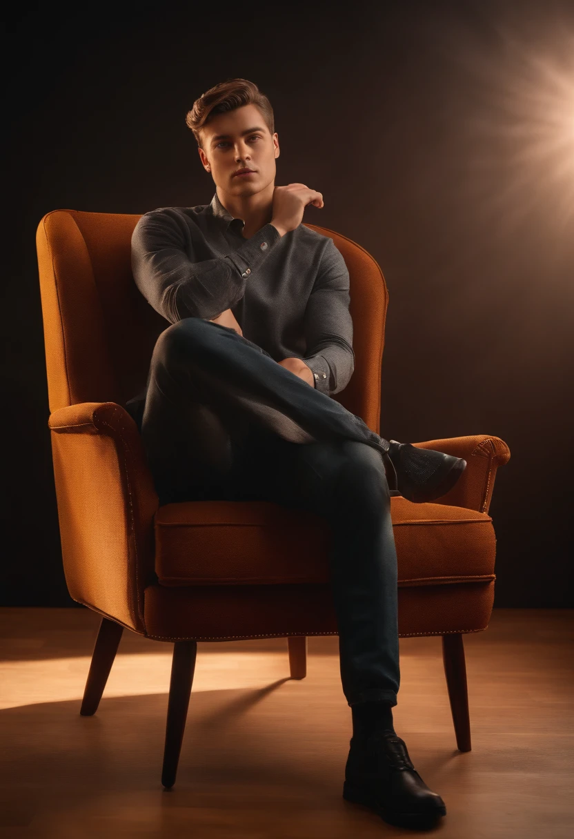 young man on sitting chair 8k ultra realistic and back ground change with youtube studio