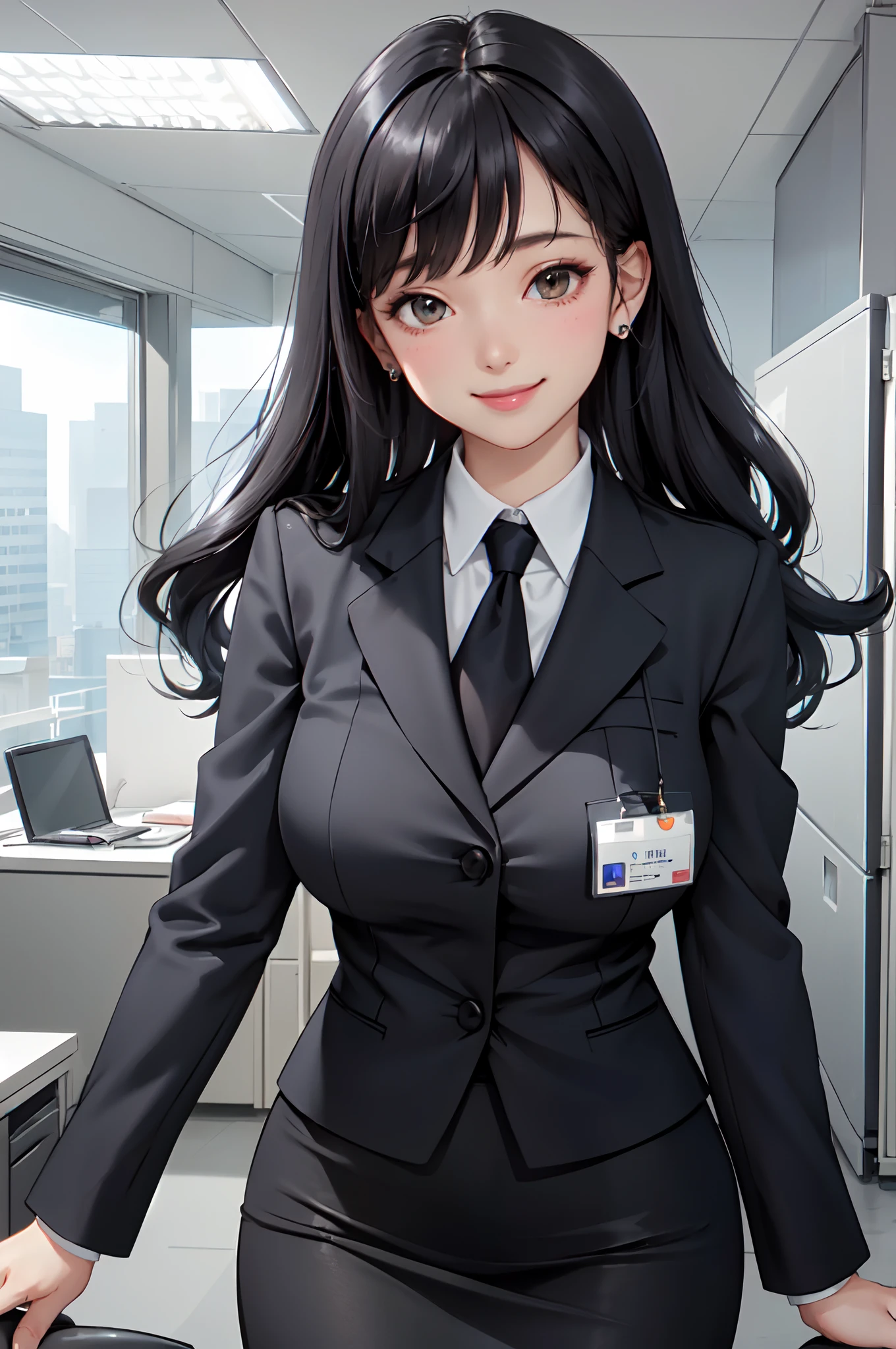 /(modern office indoors/), 1lady solo, /(suit jacket pencil skirt navy/) id card, /(black hair/) bangs, blush kind smile, (masterpiece best quality:1.2) ultra-detailed, large breasts