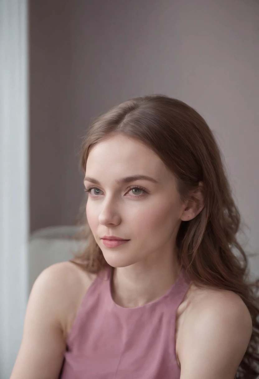 young woman siting on armchair in the style of light magenta and light gray, calm and meditative, barbizon school, exaggerated facial features, light brown and white, happycore, (extreme close-up)