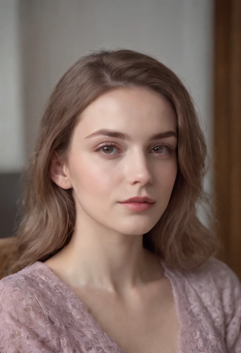 young woman siting on armchair in the style of light magenta and light gray, calm and meditative, barbizon school, exaggerated facial features, light brown and white, happycore, (extreme close-up)
