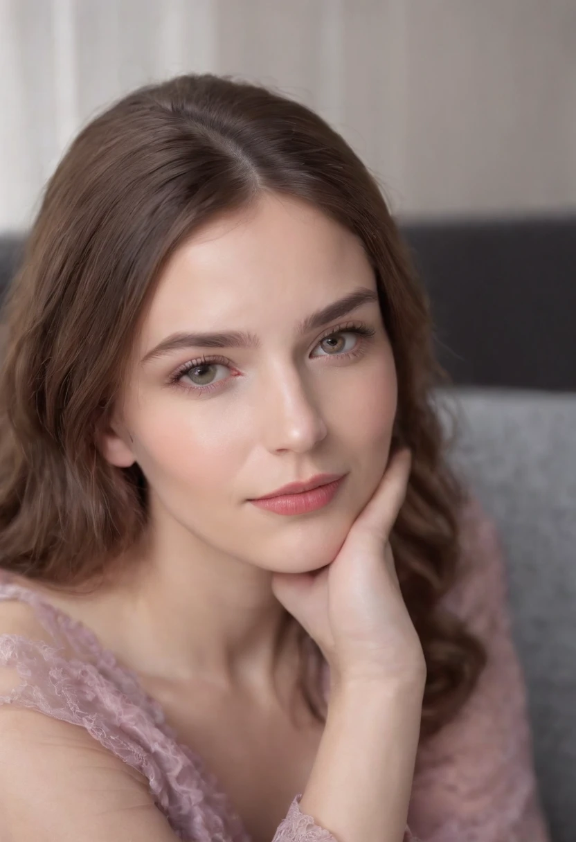 young woman siting on armchair in the style of light magenta and light gray, calm and meditative, barbizon school, exaggerated facial features, light brown and white, happycore, (extreme close-up)