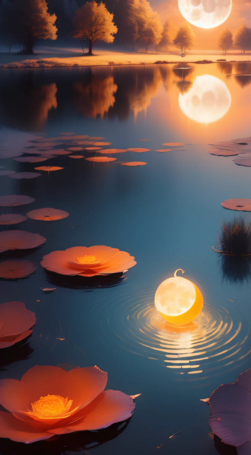 (((the night))),(((the huge moon))),Moonlight is reflected on the surface of the water,Orange lanterns,Huge pond,Faraway view,Wide world,inverted image,Water streaks
