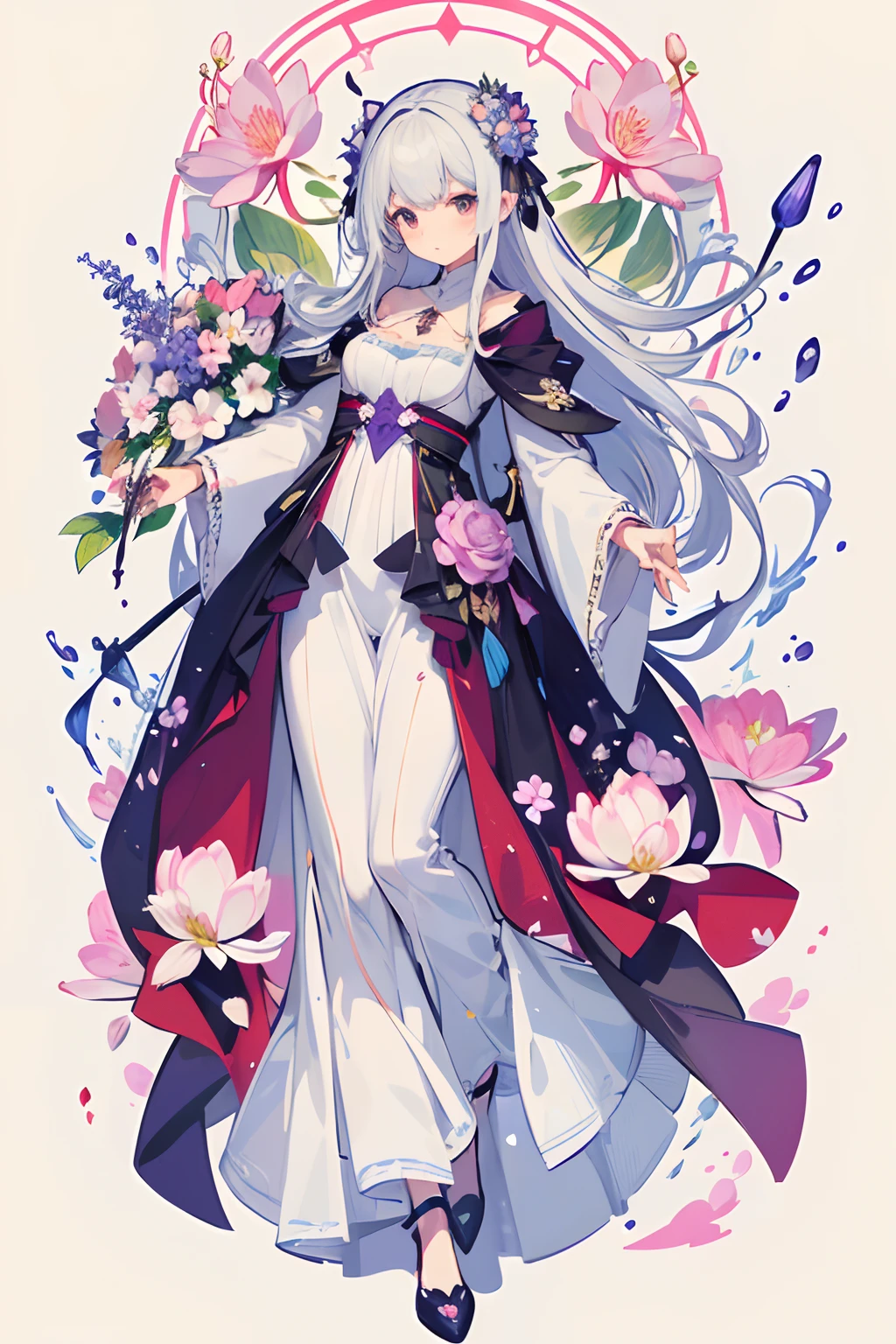 (Mouthpiece, top quality, illustration, very high quality, very delicate writing), plant-based woman, full body with flowers, full body, lively, no background, one person, cherry blossom, rose, hydrangea, cosmos, tulip, violet, water lily flower, wand, wizard