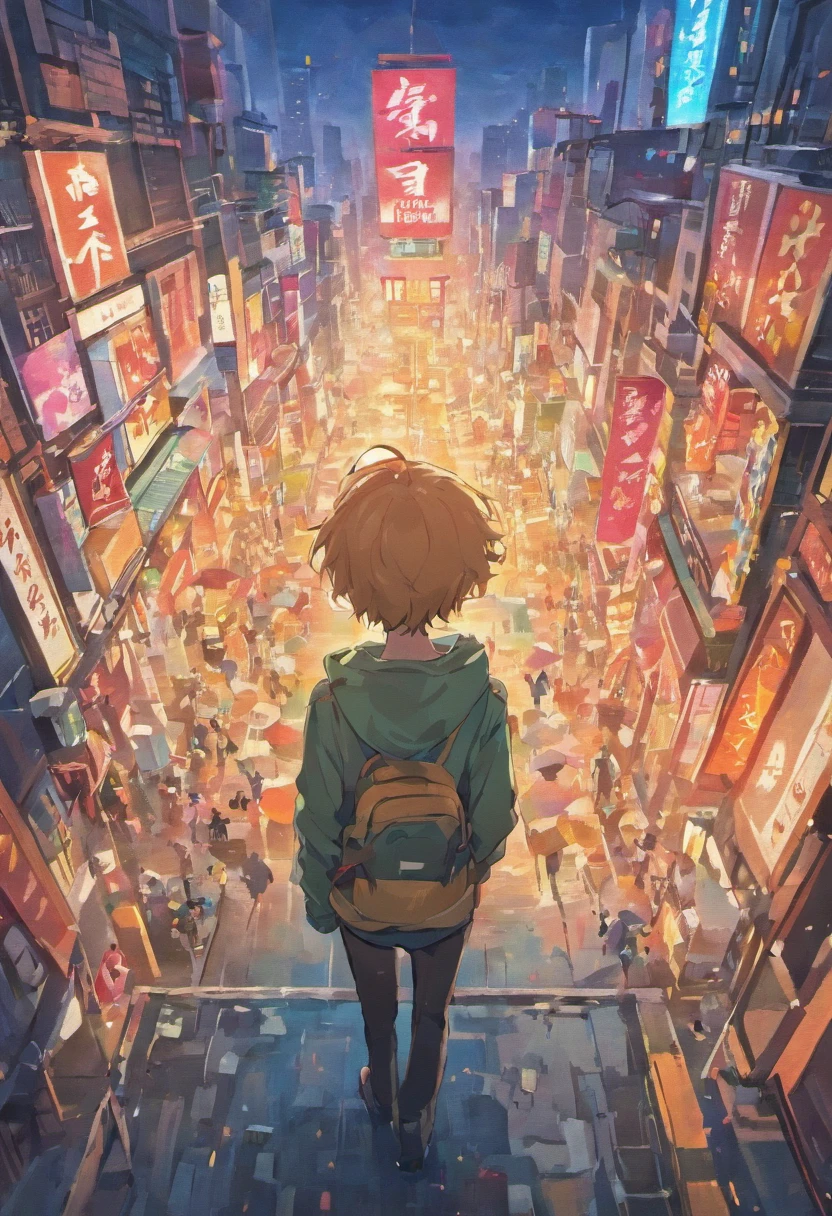 Hurried person々Show the bustling cityscape with. Enlarge a lonely figure, Arjun, lost in thought, Surrounded by a sea of vivid and chaotic colors.