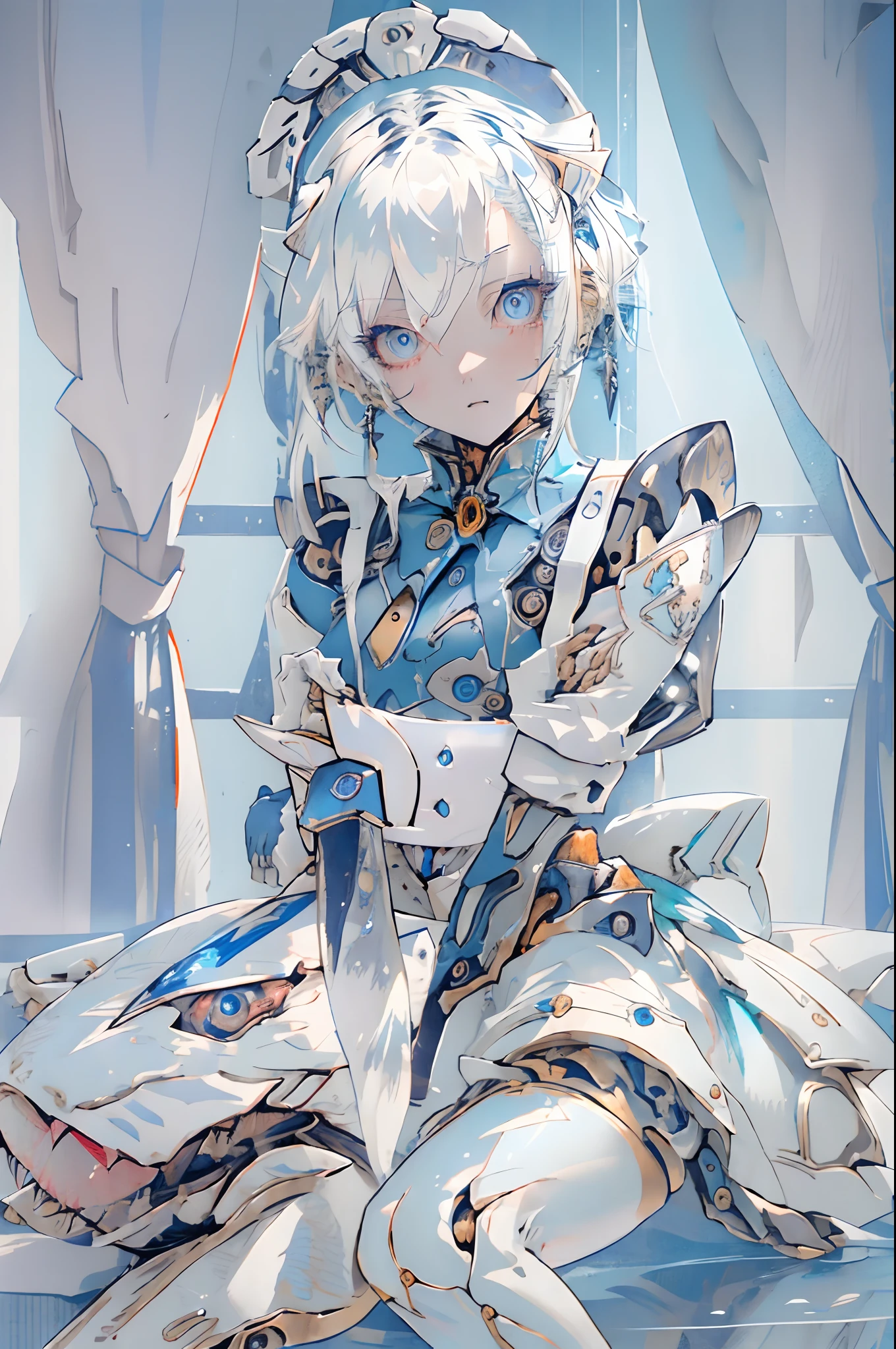 girl, fish, white hair, blue eyes, mechanical body, human, cyborg, pipes, metal parts attached to body, masterpiece, 8K screenshot, artbook, weapons, looking back, bending knees, hands up, cat ear, wing, metal fish, pattern