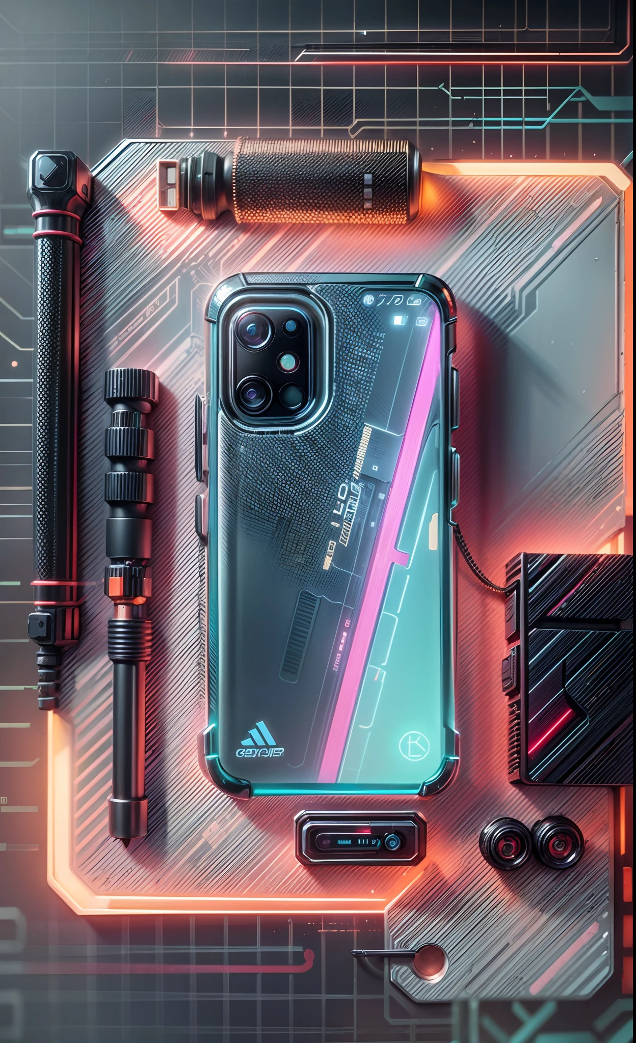 (masterpiece, product photography, focus shot), (knolling), centered, cyberpunk concept smartphone, cyber tech, neon light, HD, Photography, cyberpunk lab background, product design, professional photography, studio lighting,