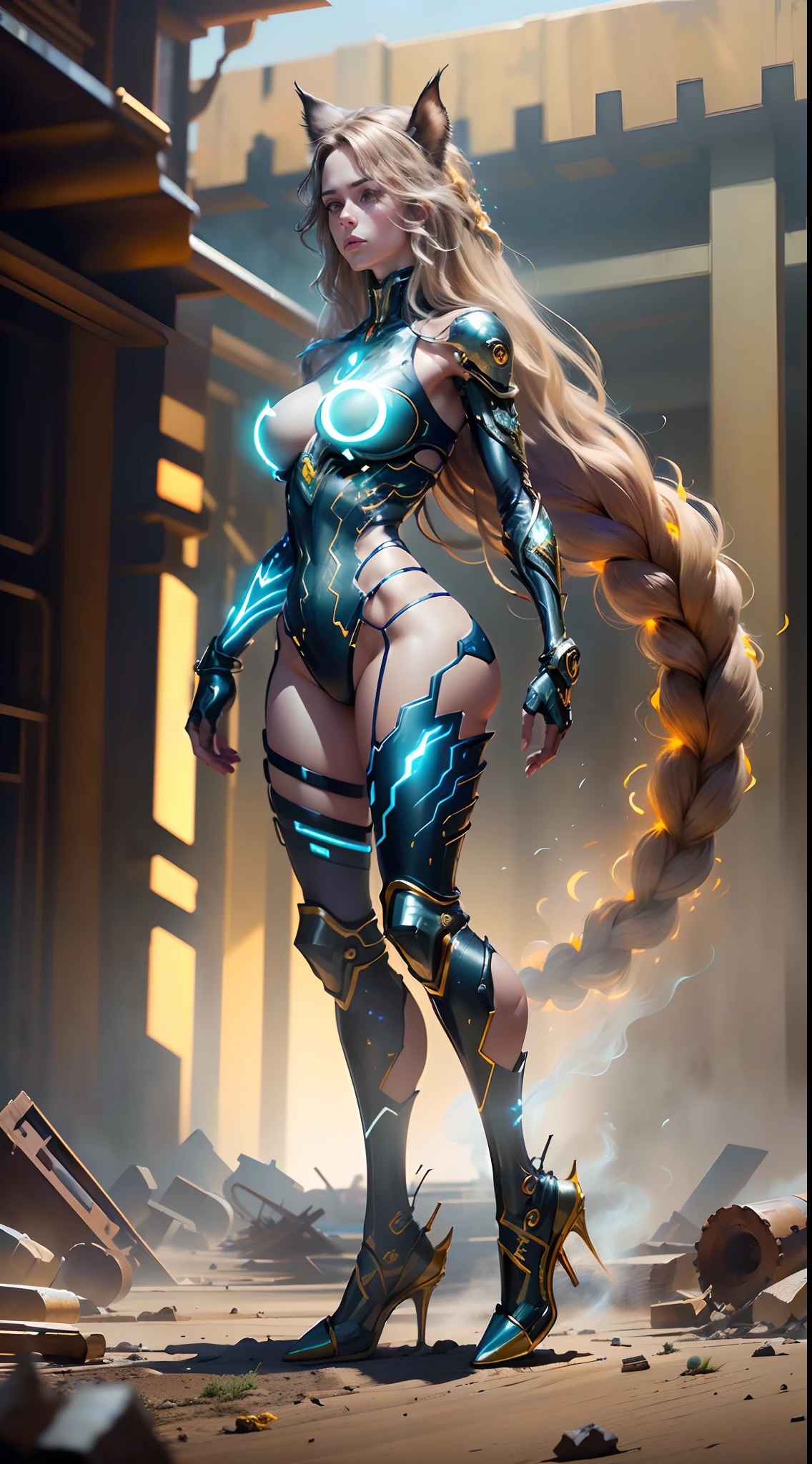 (Best quality,4K,8K,A high resolution,Masterpiece:1.2),Ultra-detailed,(Realistic,Photorealistic,photo-realistic:1.37),Scroll:1.5,Combat,Glowing eyes,Electroluminescent extra-long hair braids scattered on the ground,Rip skinny super suit,Sparkling mechanical heels,Mechanical long tail,Smoke and flames in destroyed cities,Glowing aura of power,Dynamic pose,Dynamic perspective,Full body shot