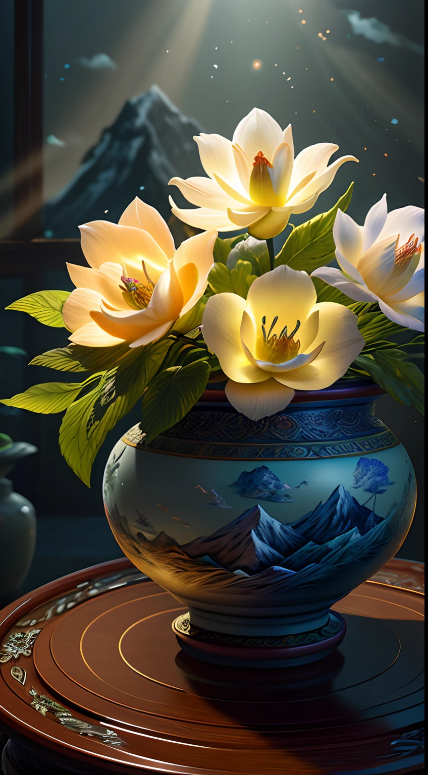 best quality, realistic, photorealistic,  ultra detailed, "Mountain of Flower and Fruit+Fairy+Chinese Architecture" highly detailed carving on "southern ice" porcelain,Ultra wide angle,Accent Lighting,Volumetric Lighting,backlighting, (detailed light),((an extremely delicate and beautiful)),dramatic_shadow,ray_tracing,hdr