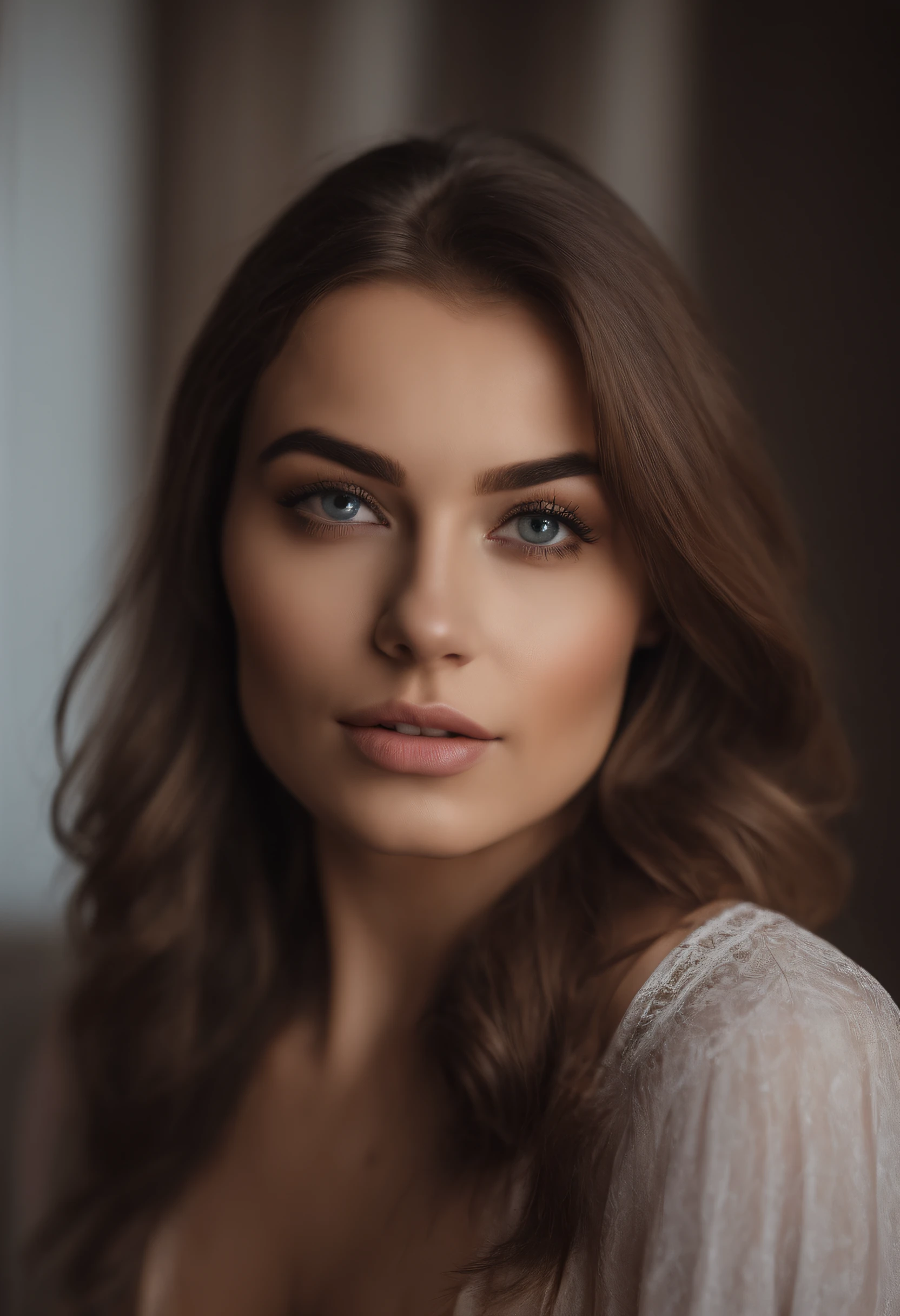 Arafed woman with matching tank top and panties, aufgenommen mit sony a7 iii, Sexy girl with brown eyes, portrait sophie mudd, brown hair and big eyes, Selfie einer jungen Frau, Kammeraugen, Violet Myers, Frei von Make-up, Natural makeup, Blick direkt in die Kamera, Gesicht mit Artgram, Dezentes Make-up, Great full body photo, im Zimmer, Spaltung