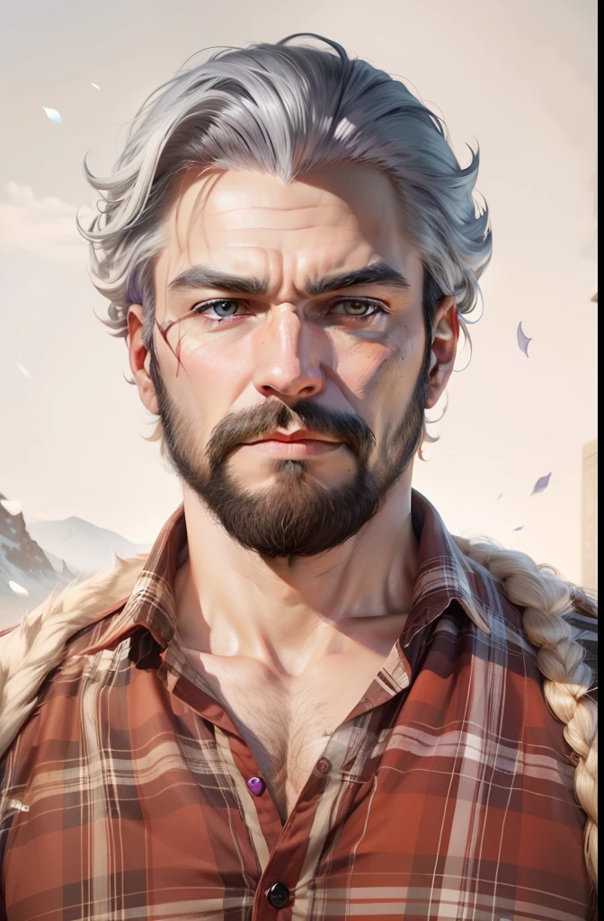 Super realistic ,4k ultra hd, anime man with white beard, white eyebrows, white hair, purple eyes looking directly at camera.