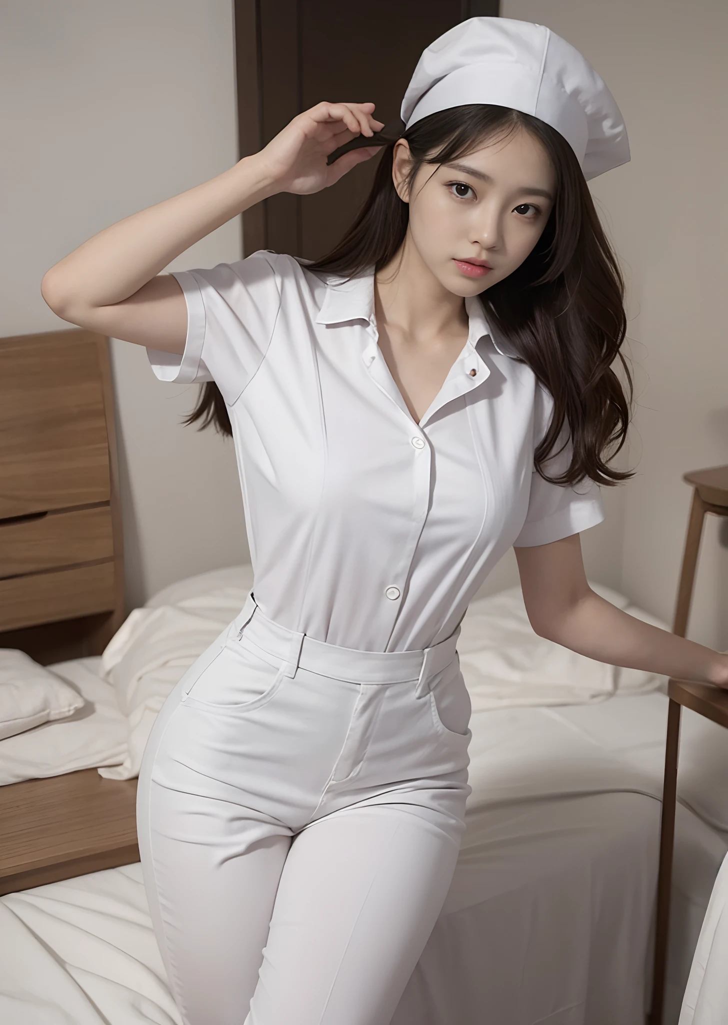 1girl, (Best Quality, Masterpiece, Ultra High Resolution), (Realistic:1.4), (Realistic:1.4), (Long legs: 1.3), (Shut up), (Light Smile: 1.2), (Expressive Hair: 1.2), (Long Suit: 1.2), (Collared Shirt: 1.2), (Long Pants: 1.2), (Embroidery: 1.2), (Daytime: 1.3), (Bright Lights: 1.3), Indoors, Dynamic Pose, Perfect Big Eyes, Lively and Seductive, Busty Breasts, Hips, (hands on hips), (standing), (slender), (slender legs), (perfect body: 1.2), (side facing), shiny skin, blushing nose