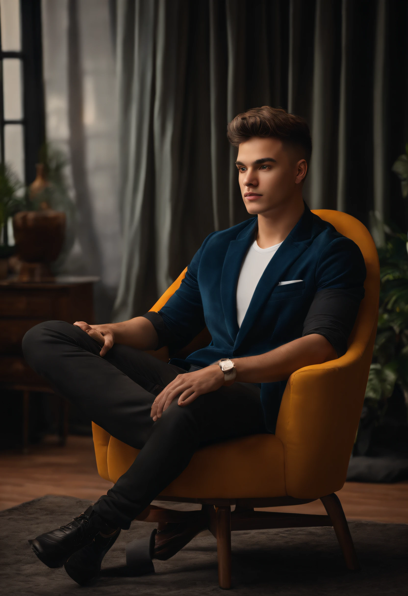 young man on sitting chair 8k ultra realistic and back ground change with youtube studio