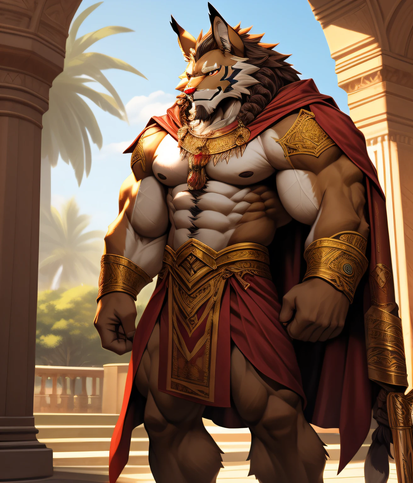 nj5furry, ( Leomon, massive, huge), Leomon, ((extremely realistic shadows, masterpiece, extremely detailed, photorealistic)), kemono, Leomon, ((detailed face)) red nose, red eyes, ((detailed eyes)), dark brown skin, dark brown fur, dark brown hair, height 2 meters high, the optimal height, tight clothing, body full of muscles; muscle pecs, ripped abs, V-shaped body, thick waist, long legs, strong arms manly, handsome face, attractive cool calm face type with a kindsmile, topless, braided mane, strong mature man, man in his 50s, friendly, attractive and detailed, good looking, ornate cloak covering one shoulder, ornate cloth skirt; Arabian-style palace behind him with a beautiful garden.