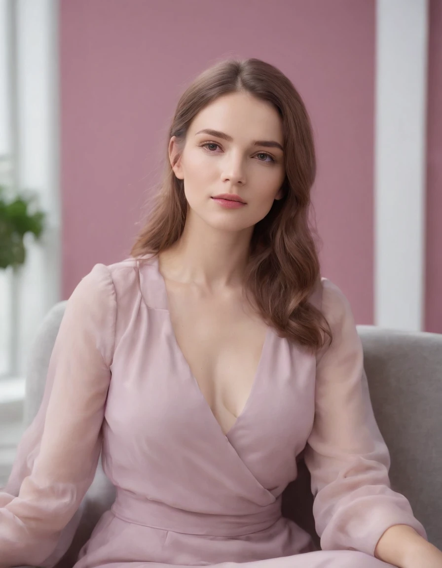young woman siting on armchair in the style of light magenta and light gray, calm and meditative, barbizon school, exaggerated facial features, light brown and white, happycore, (upper body)