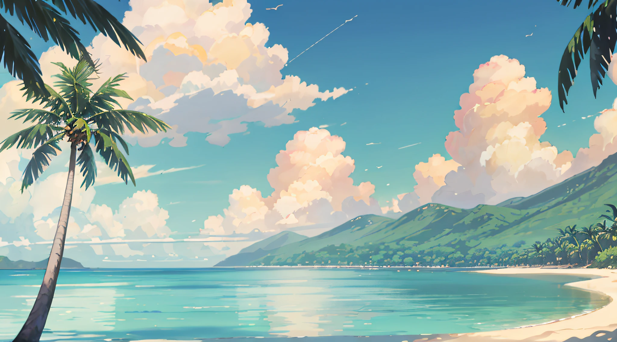 (High quality, high resolution) 3Delight beach scenery, halo 8K, beach details depicted clearly, fresh summer feeling, coconut trees and coconut, full detail.