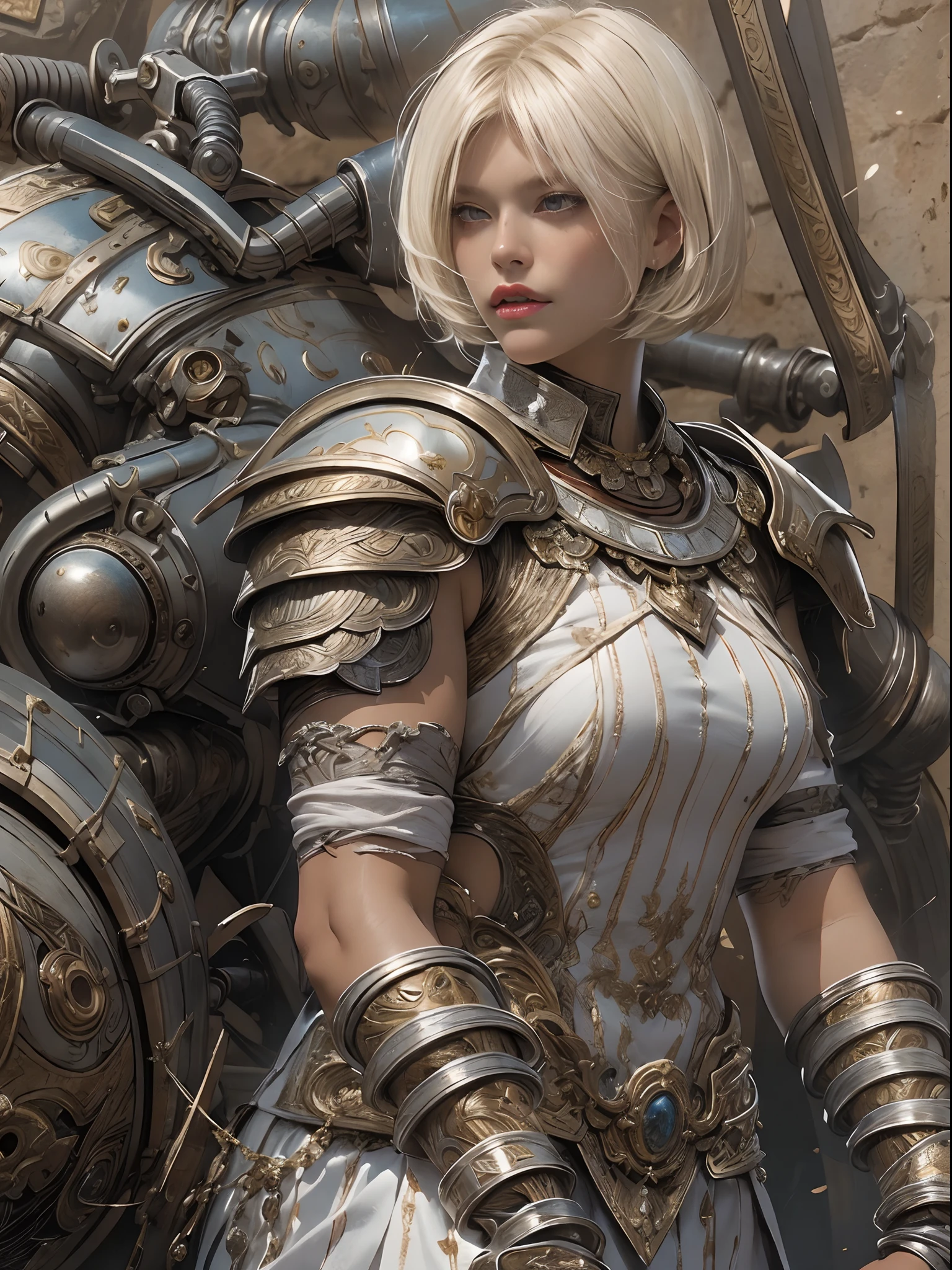 (((of the highest quality: 1.4))),(unparalleled masterpiece ever), (Ultra high definition),(Ultra realistic 8K CG), (((adult body))), (((1girl in))), ((( Bob Shorthair ))), Gladiators with perfect bodies,,Beautiful and well-groomed face,muscular body:1.4,Detailed breastplate, gauntlets、is standing, (Image from head to thigh),(( White Blonde Bob Shorthair )),, Simon Bisley's urban savage style,Detailed Ancient Rome Ancient Roman Background,Clean abs, Complex equipment, Dark brown with white stars and gray and white stripes,,,s Armor, Poison tattoo