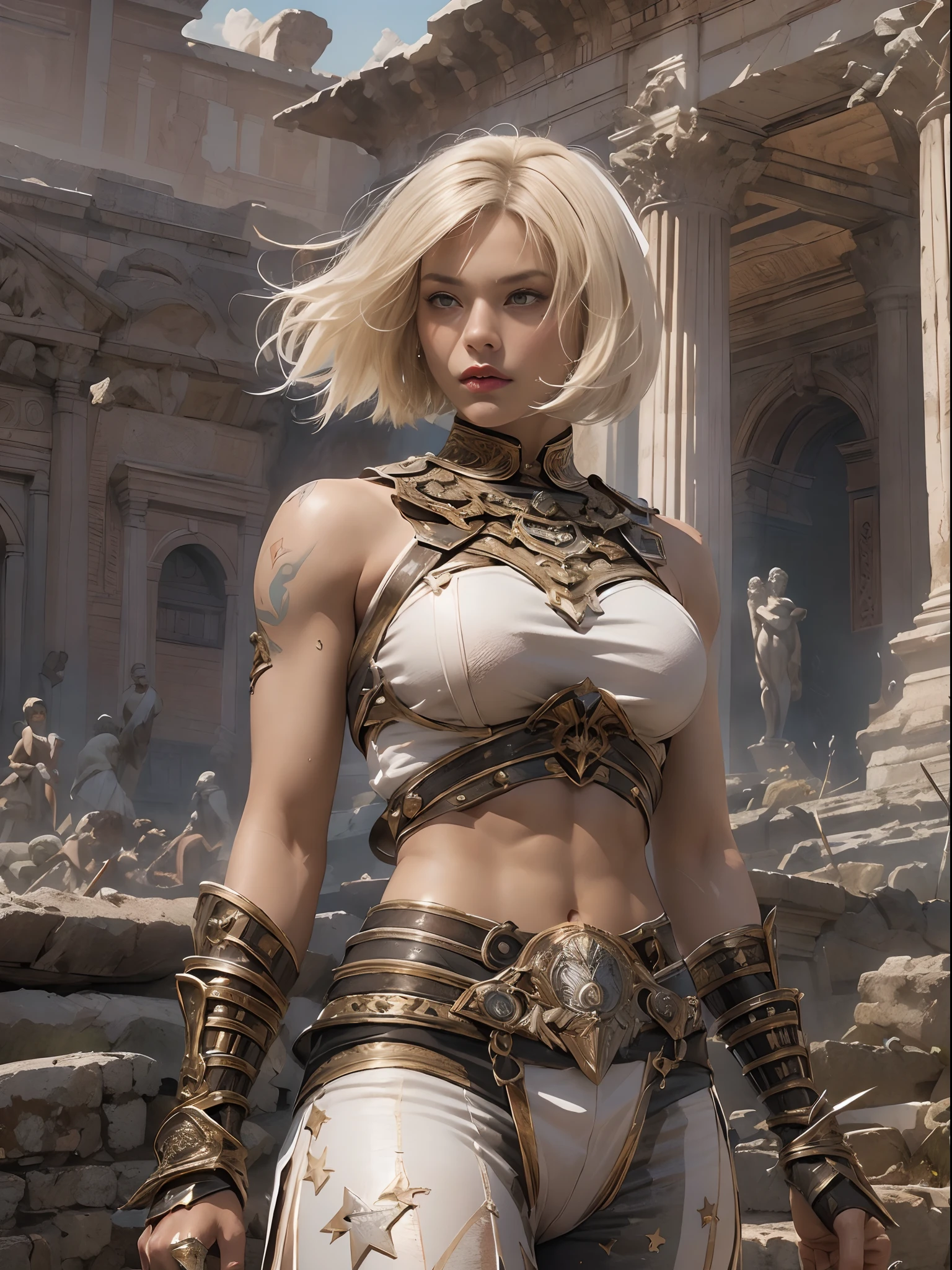 "Step into a world of stunning visuals with our super fine illustrations. Picture a 20-year-old girl with a good body structure, double white skin, and a bob shorthair, standing tall as a Brooklyn Gladiator."