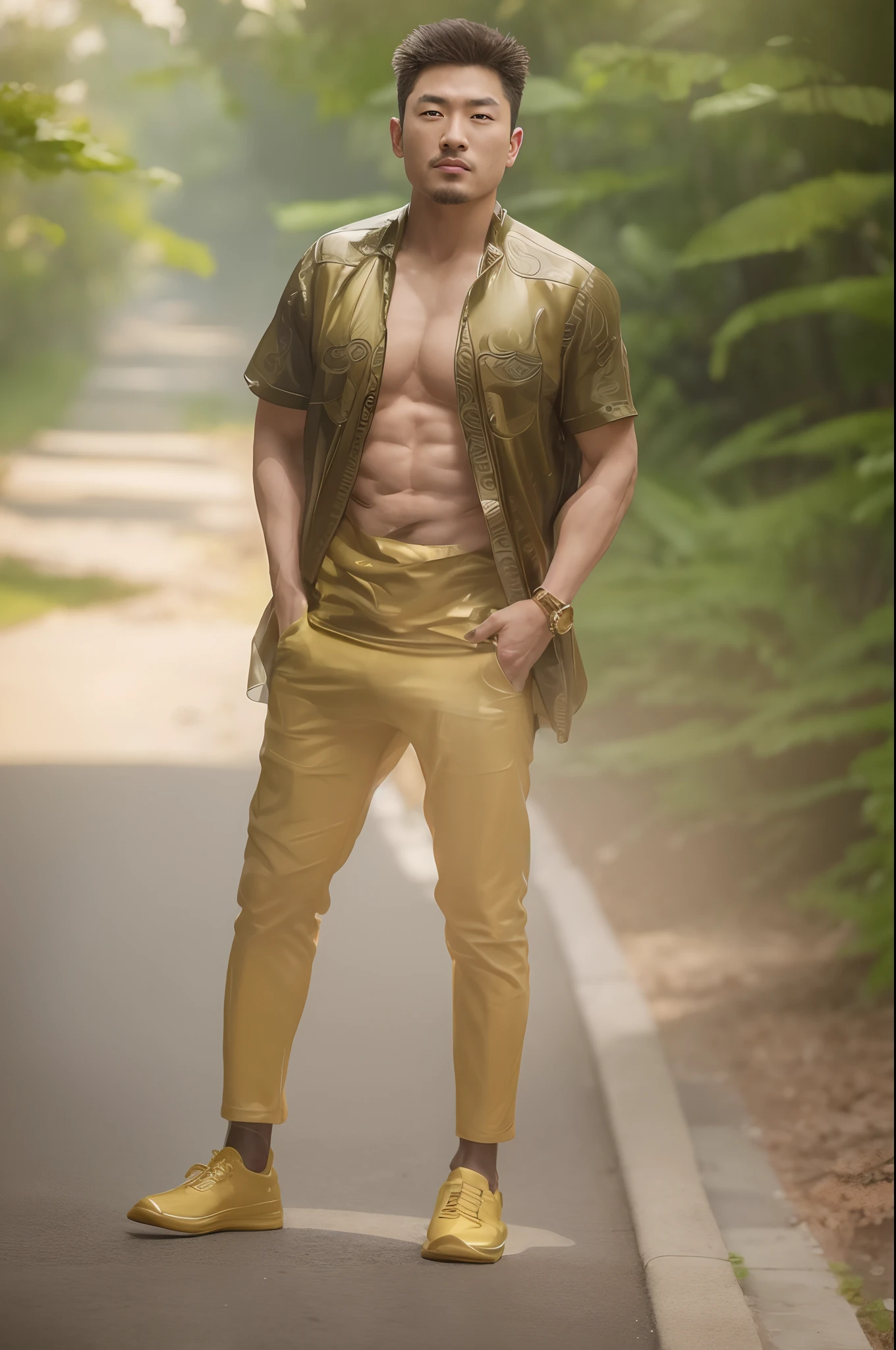 Very handsome，Chinese actor，Stand among the flowers，Surrounded by flowers，short mustache，Wearing a gold thong，Perfect figure with tattoos, Very huge and strong body, Bulging muscles, musculous, Very large pectoral muscles，Very sexy abs，The legs are muscular，Tall and mighty，Exposed Body,Wear bright gold thongs，Tall and burly，toned figure，Huge raised genital area，Brightens oily skin，Muscular，hulk body type，photo hyper realistic, artsy photography, oil on the canvas, hyper HD, 32K, super sharp focus,