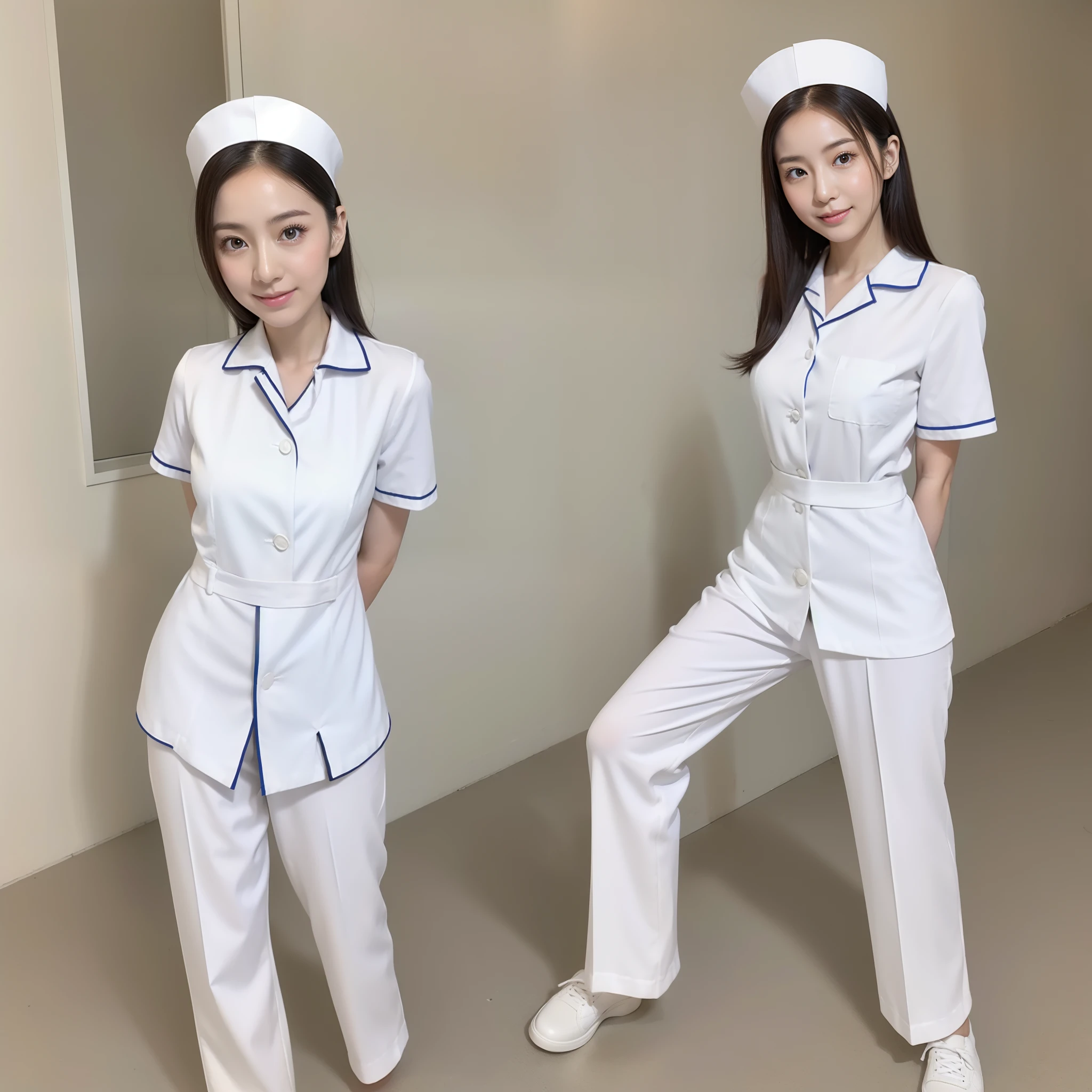 There was a woman in a white uniform, Nurse, full-body xianxia, nurse girl, healthcare worker, Fitted nurse uniform,White nurse hat,Split nurse overalls,Skinny white trousers,Nice nurse shoes,Beautiful face,The skin of the face is fair and shiny,beautidful eyes,Delicate hair,medium boob,petite and slender figure,Gravure pose,Stand dignified and generous,fully body photo