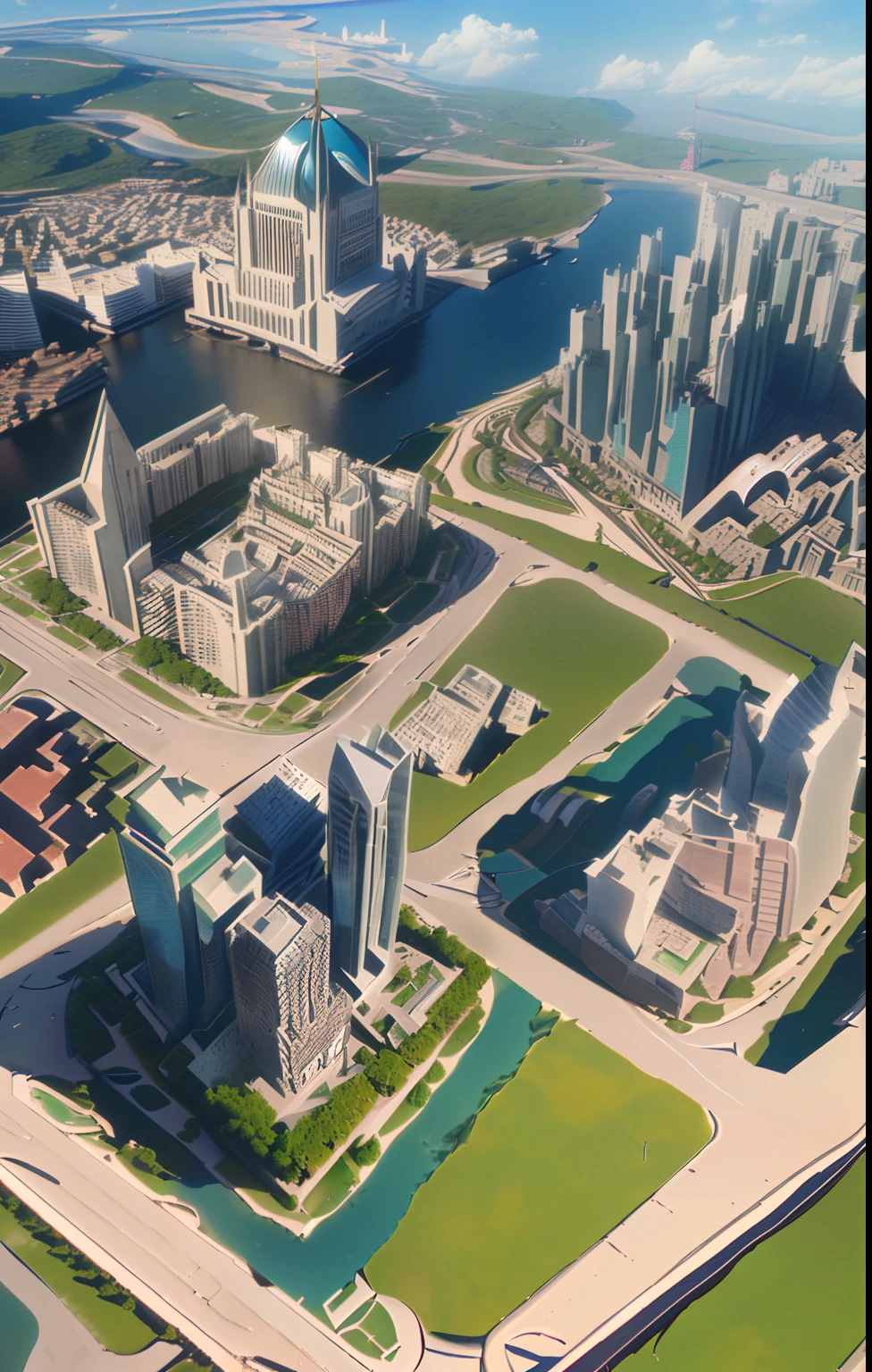 arafed view of a city with a river and a bridge, 3 d city, highly realistically detailed, highrise business district, ultra - detailed!, city of the future in russia, isometric 3d render, prerendered isometric graphics, russian city of the future, highly detailed 3d render, huge modern downtown city, highly detailed 3d render, detailed screenshot
