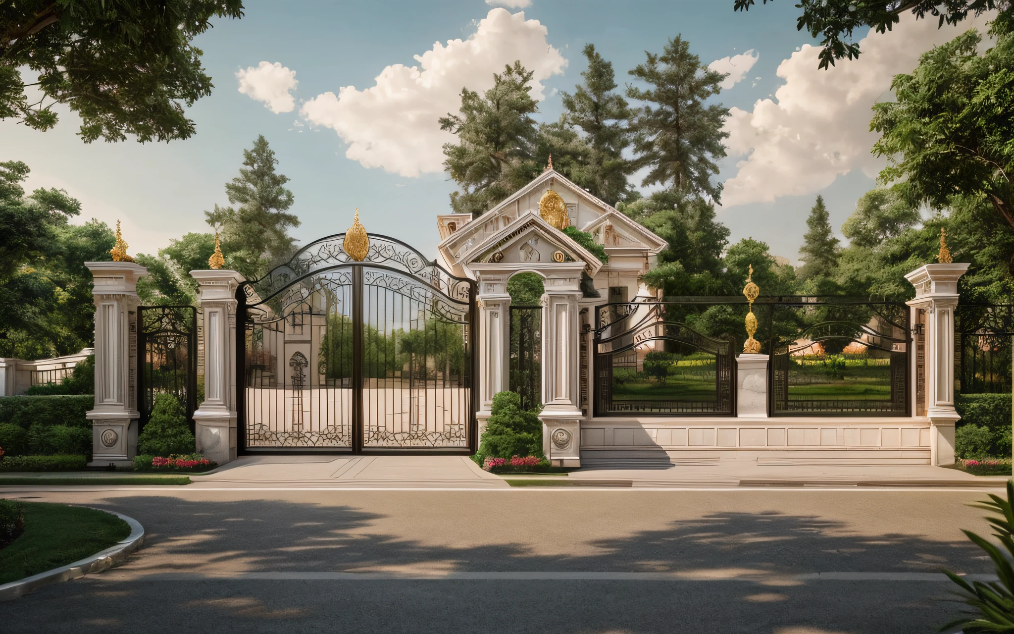 there is a large gate that is in front of a house, large gate, 2 d cg, precise architectural rendering, huge gate, iron gate, high quality rendering, magnificent design, exterior design, high quality architectural art, wide establishing shot, rich house, neo-classical, neo - classical, neo - classical style, ornate retreat, exquisitely ornate