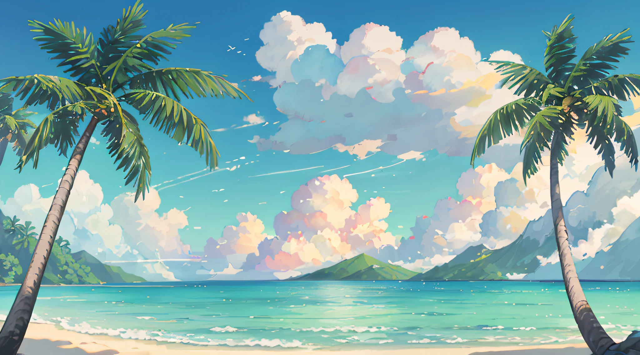 (High quality, high resolution) 3Delight beach scenery, halo 8K, beach details depicted clearly, fresh summer feeling, coconut trees and coconut, full detail.
