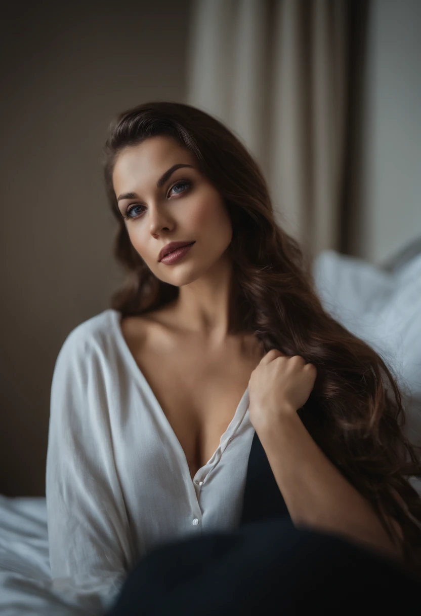 arafed frau voll , Sexy girl with brown eyes, ultra realistisch, aufgenommen mit sony a7 iii, Akribisch detailliert, portrait sophie mudd, brown hair and big eyes, Selfie einer jungen Frau, Augen im Schlafzimmer, Violet Myers, ohne Make-up, Natural makeup, Blick direkt in die Kamera, Gesicht mit Artgram, dezentes Make-up, Stunning full body shot, die auf dem Bett kniet, im Schlafzimmer, medium to large bust size